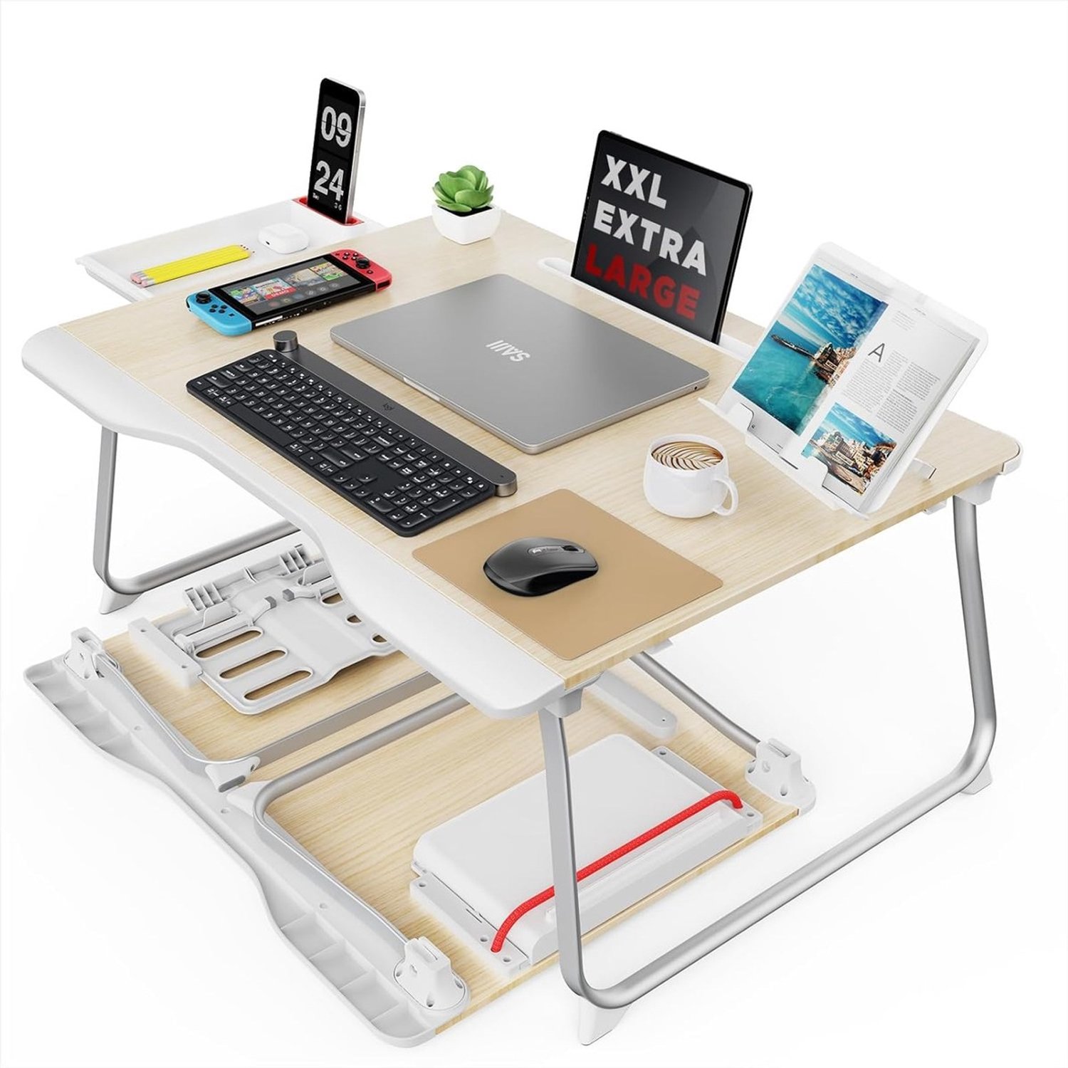Duraxl Tafel, Saiji laptoplade groot bureaublad, met boekenstandaard, lade, telefoonstandaard, komfortable Teak