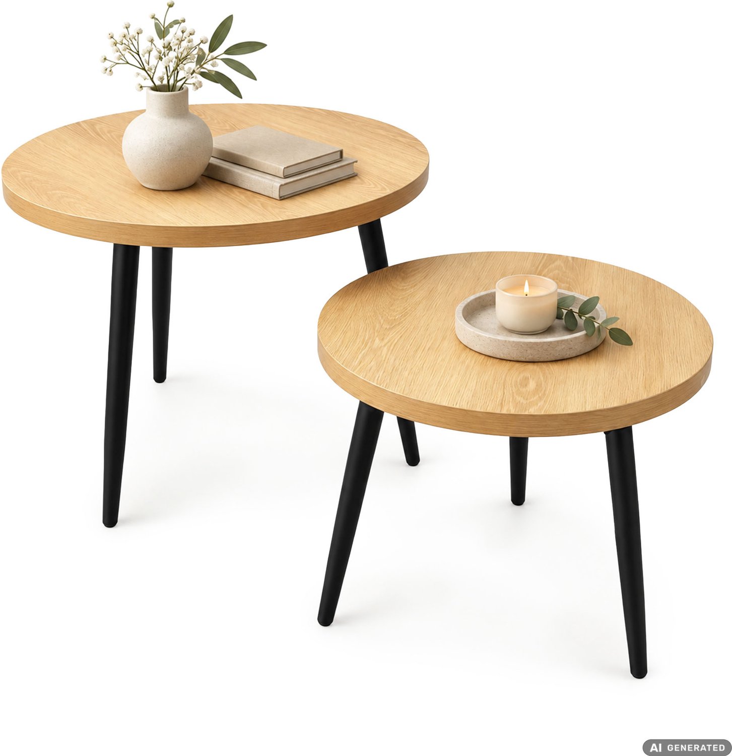 Akord Set van 2 Salontafels TWINO / Natuurlijke Houtlook / 52 cm / Rond / Zwarte Poten / 52 x 52 x 45 cm + 38 x 38 x 38 cm Natuurlijk hout/zwart