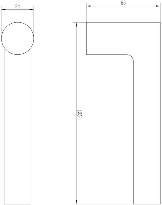 Technische lijntekening van een deurkruk met afmetingen van 24mm, 55mm en 135mm.