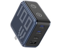 BMX GaNsta Pixel Laptop Reisoplader (100W ) – 2 x USB-C PD 3.0 max. 100W – 1 x USB-C PD 3.0 max. 65W – 1 x USB-A max. 22,5W – Pixel display – Incl. UK, EU, AU-adapters - Blauw