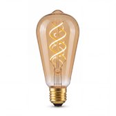 Amberkleurige ST64 filamentlamp met spiraalvormig led-element en goudkleurige fitting.