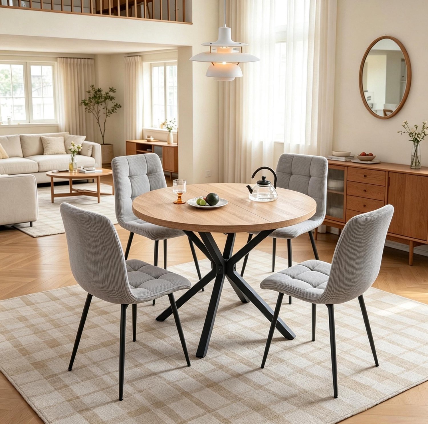 MODFU Set Van 4 Eetkamerstoelen - Gewatteerde Zitting - Ribstof - Grijs