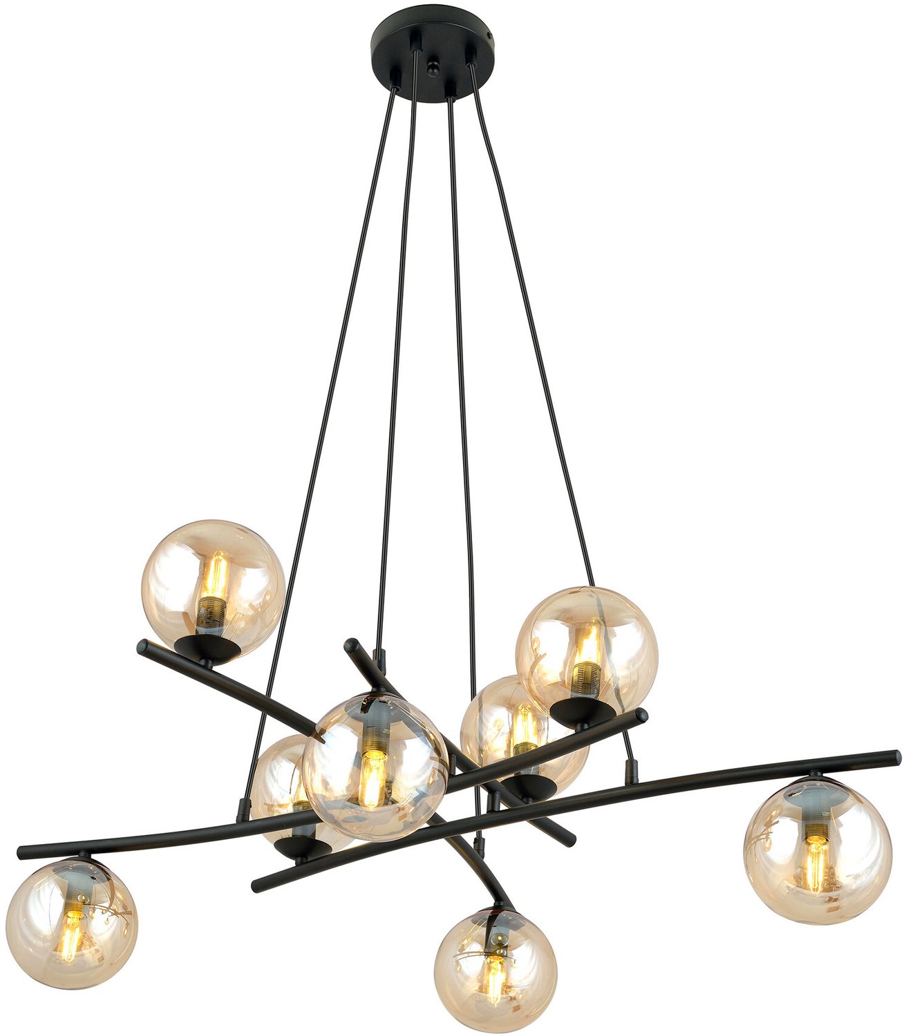Emibig Stijlvolle grote zwarte hanglamp met 8 amberkleurige glazen bollen E14 - Perfect voor een sfeervolle inrichting