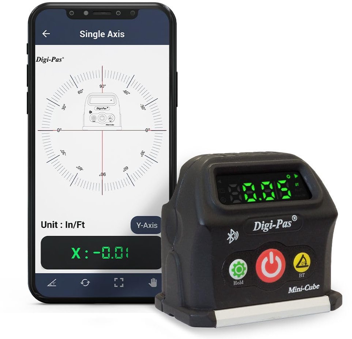 2-assige slimme kubusniveau,, geeft draadloos de nivelleringsstatus weer op smartphone via BLUETOOTH, zwart, klein, model