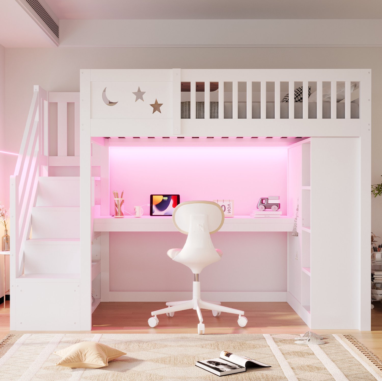 DESMIU Hoogslaper 90x200 cm – Bureau Met LED-Verlichting en Stopcontact – Opbergruimte Trap – Voor Kinderen – Hout en MDF – Wit – Zonder Matras