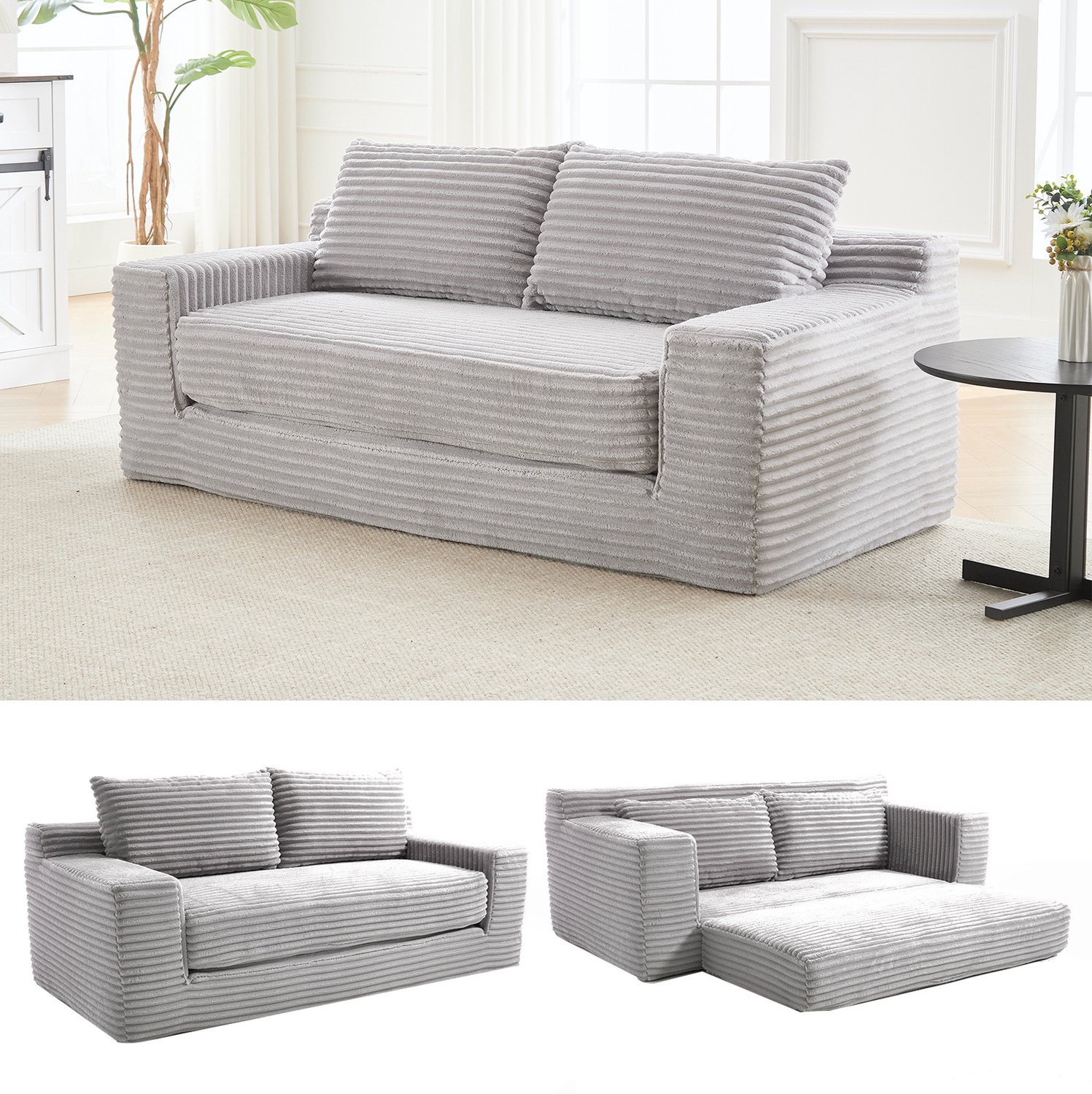Wishdor Tweezits slaapbank - 2-in-1 slaapfunctie - Zonder montage - Compact voor kleine ruimtes - Memoryschuim - Cordstof - Lichtgrijs - Woonkamer slaapkamer kantoor - 132 x 85 x 62 cm