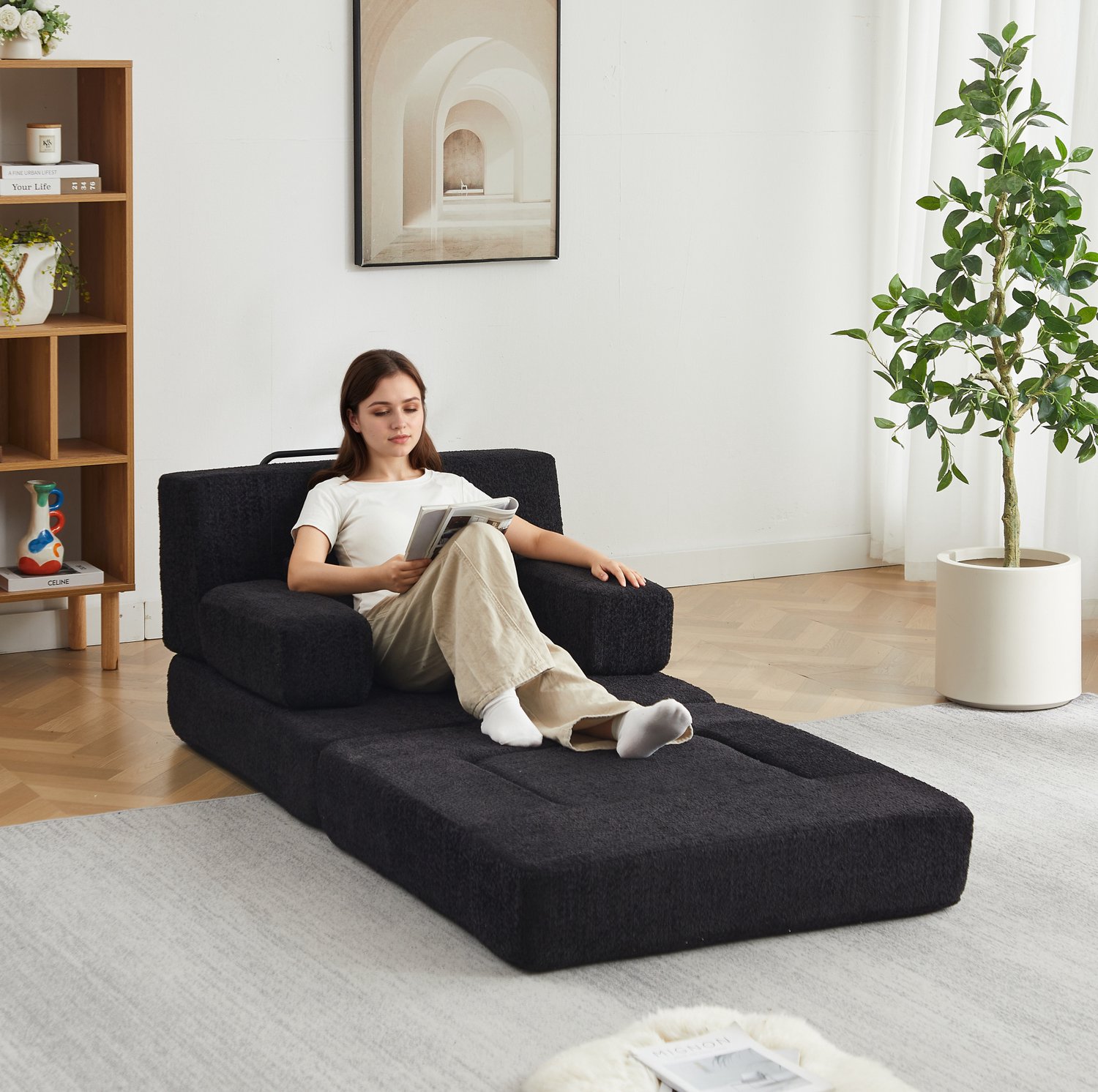 Wishdor Modulaire slaapbank - 2-in-1 zit- en slaapfunctie - Zonder gereedschap uitklapbaar - Verhoogde rugleuning - Woonkamer slaapkamer kantoor - Chenille - Zwart