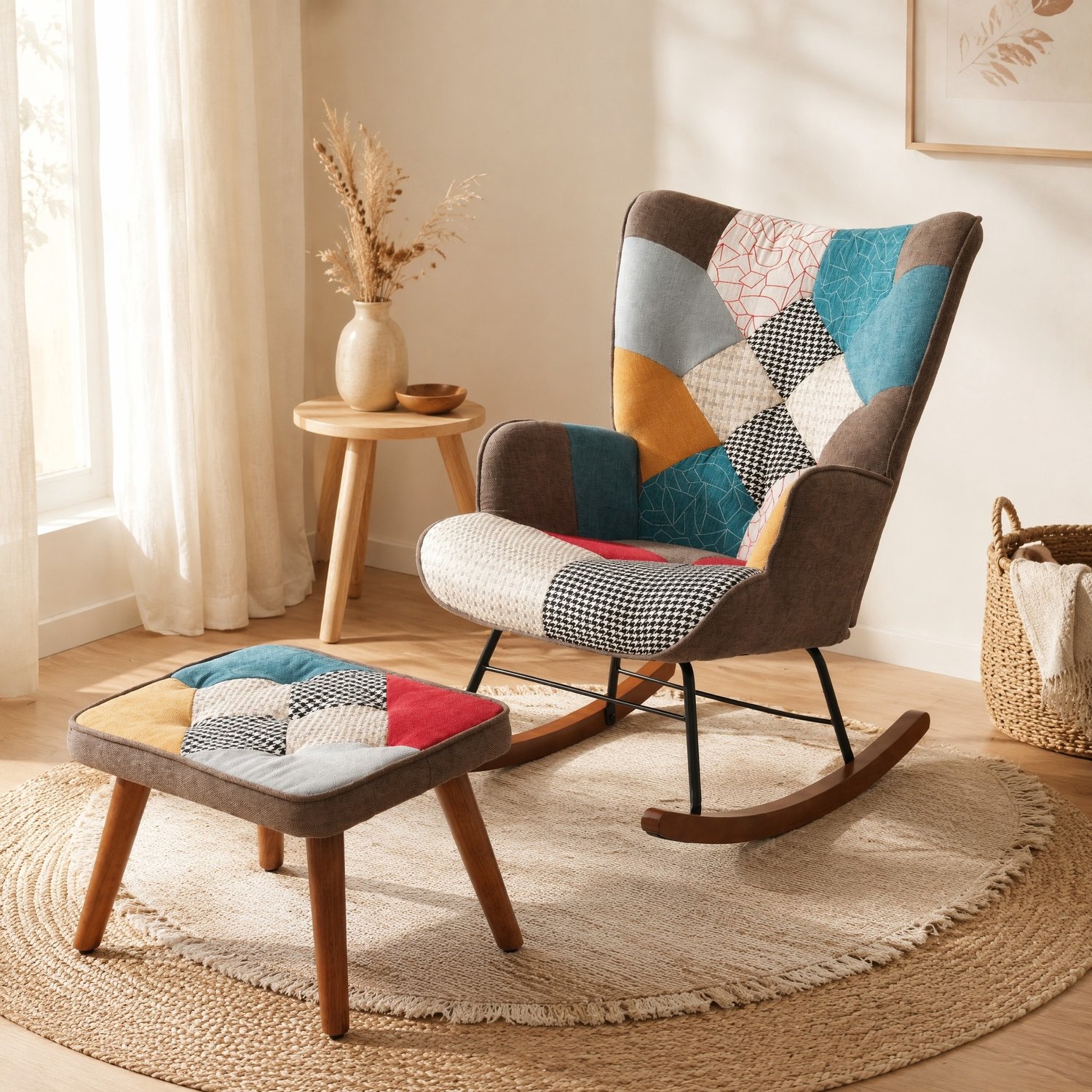 CHICFURN Schommelstoel - Met hocker - Patchwork - Kleurrijk Bont
