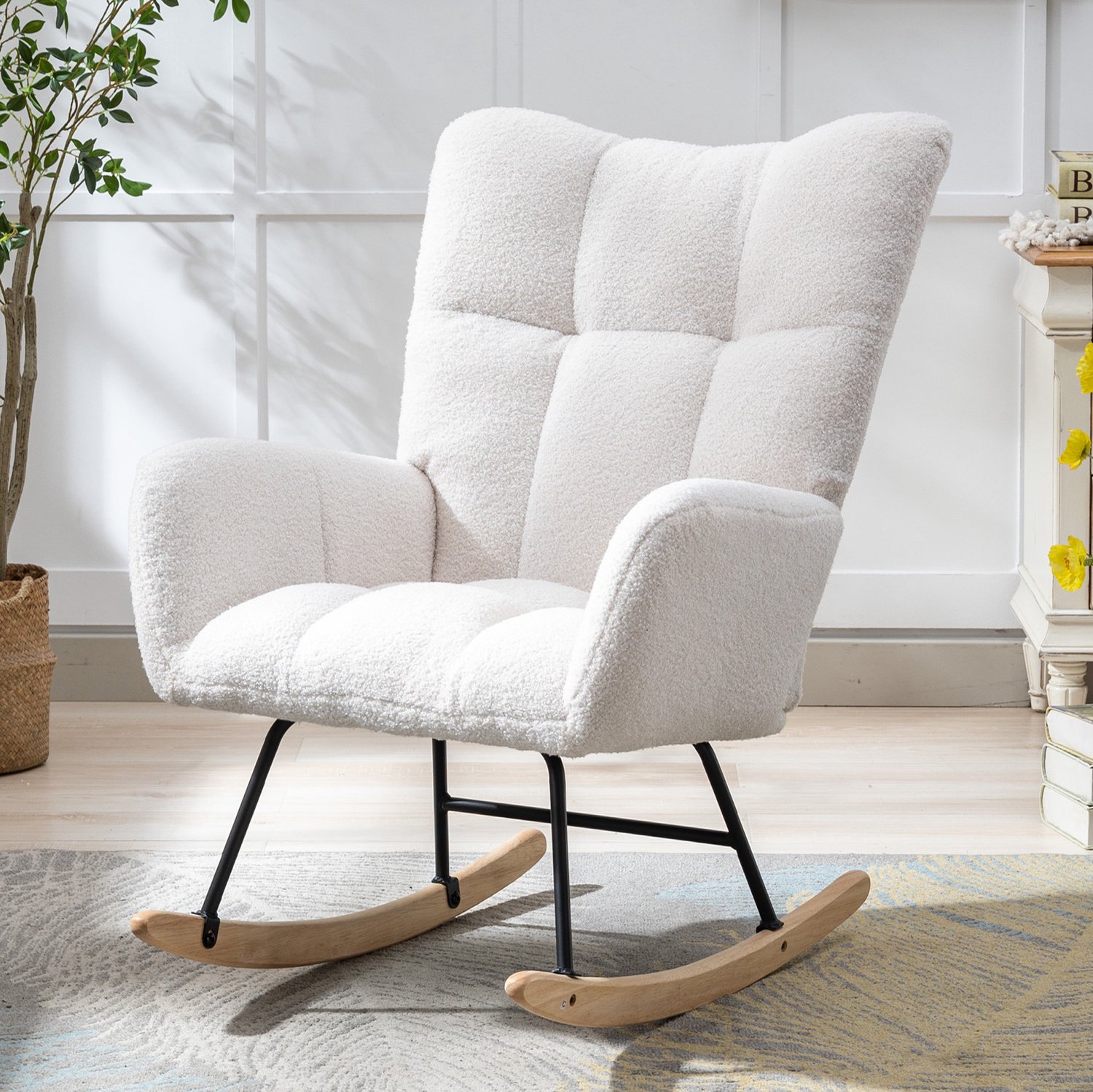 CHICFURN Schommelstoel - Teddy stof - Met armleuningen - Wit