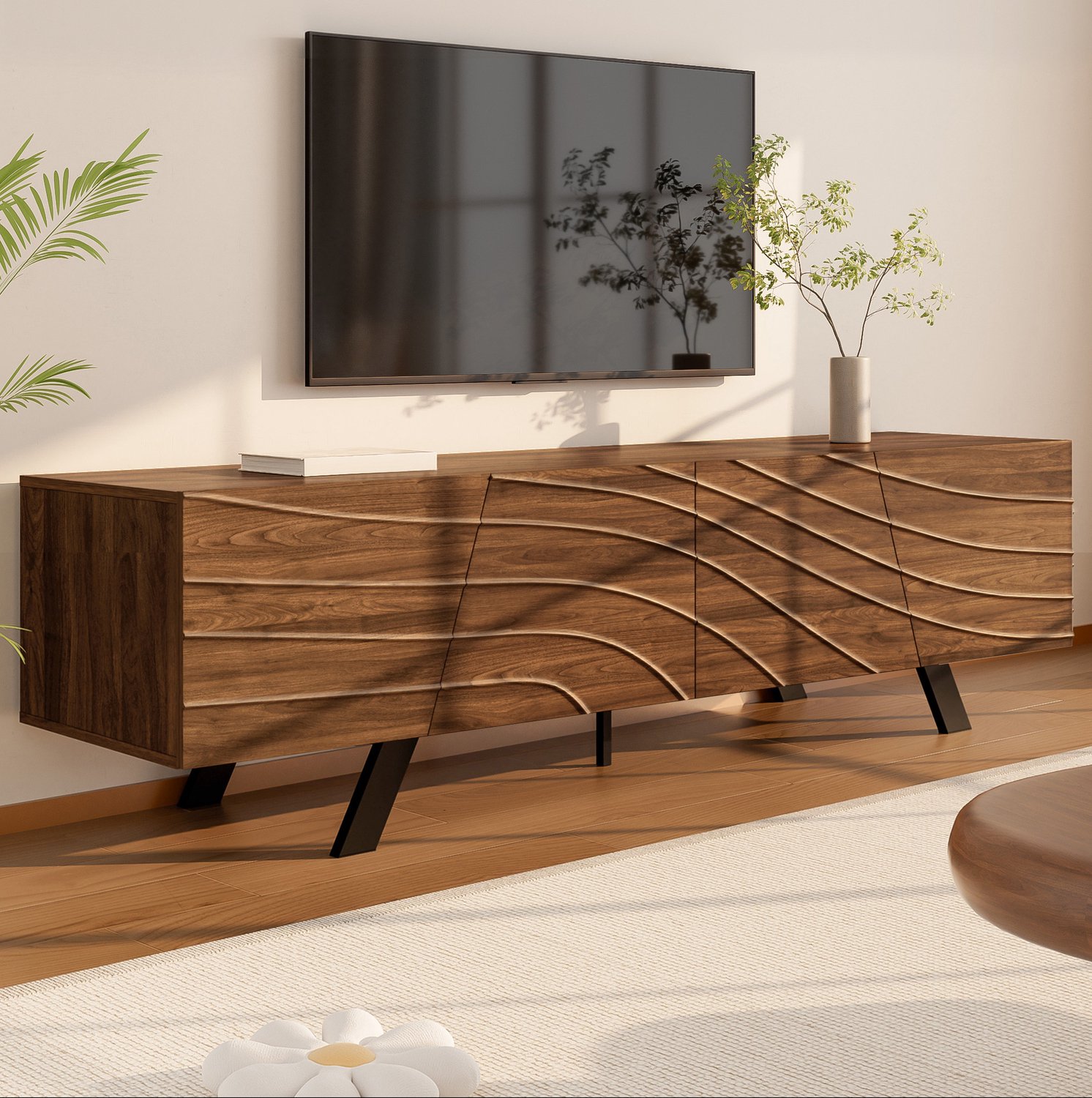 Maisentiel TV-meubel 160 cm met golffront, kabelmanagement, MDF en walnootlook Walnootkleur