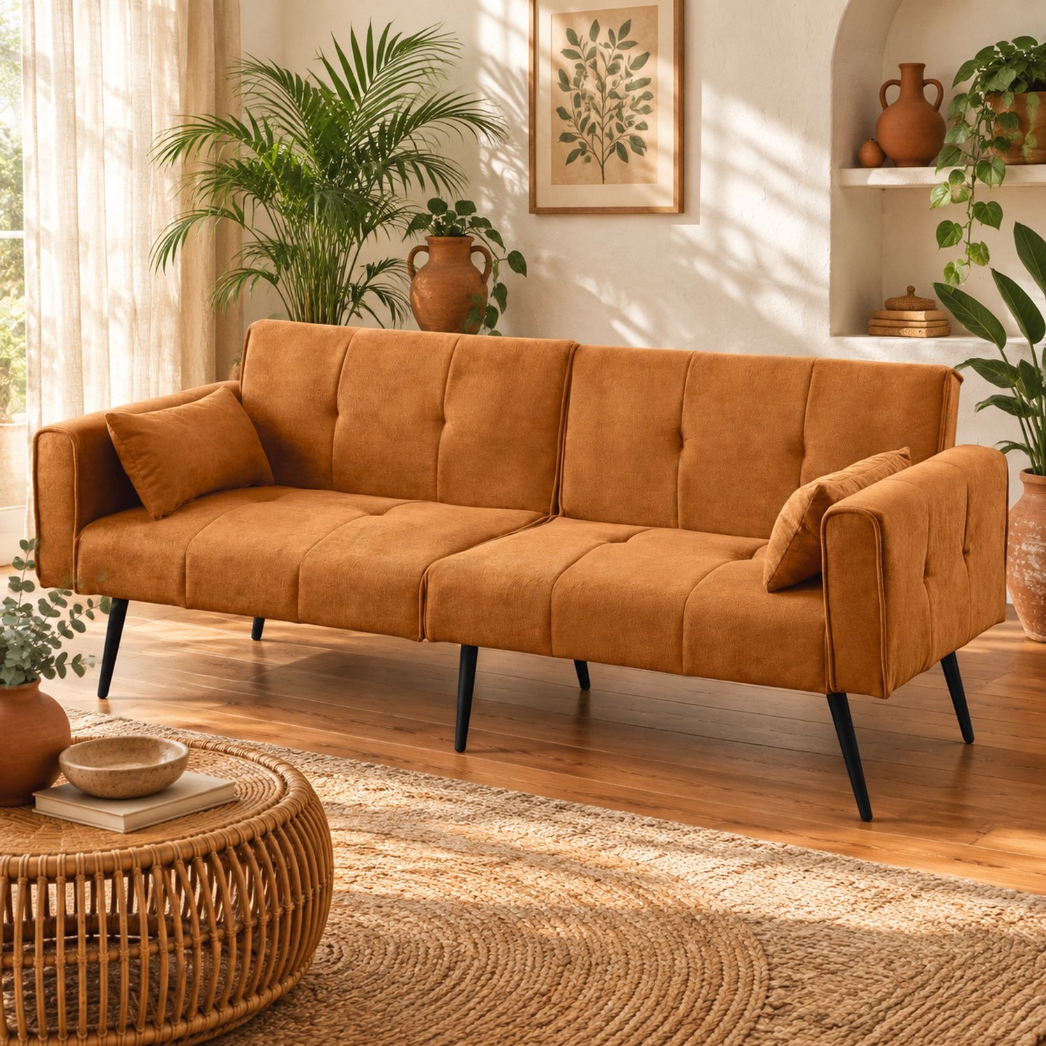 WUVRIE Opvouwbare slaapbank 175x71x71 cm - 3-zits met ribfluweel en metalen poten - Oranje