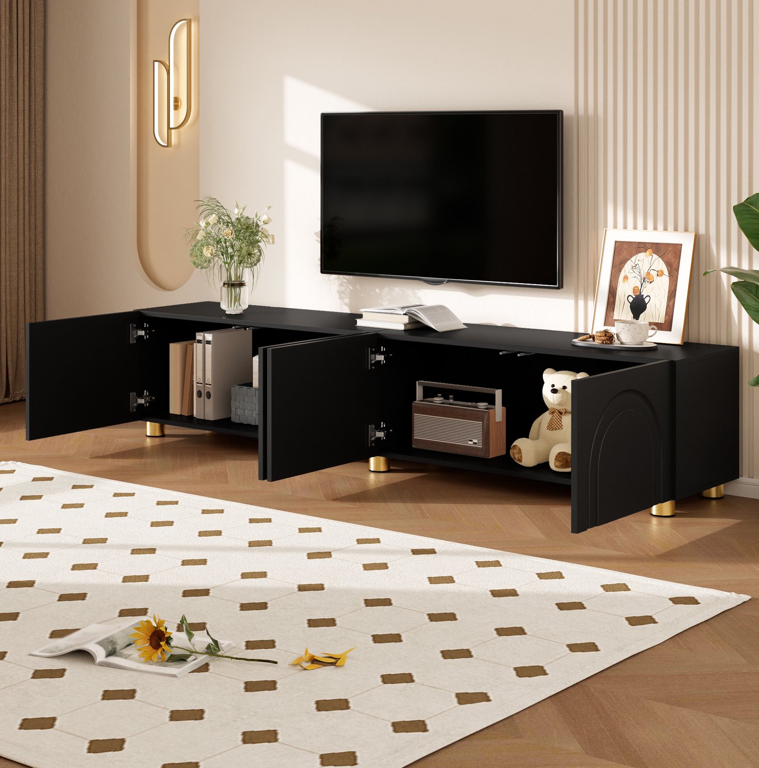 WUVRIE TV-meubel 180x35x40 cm - 4 deuren met boogreliëf en metalen poten - Zwart