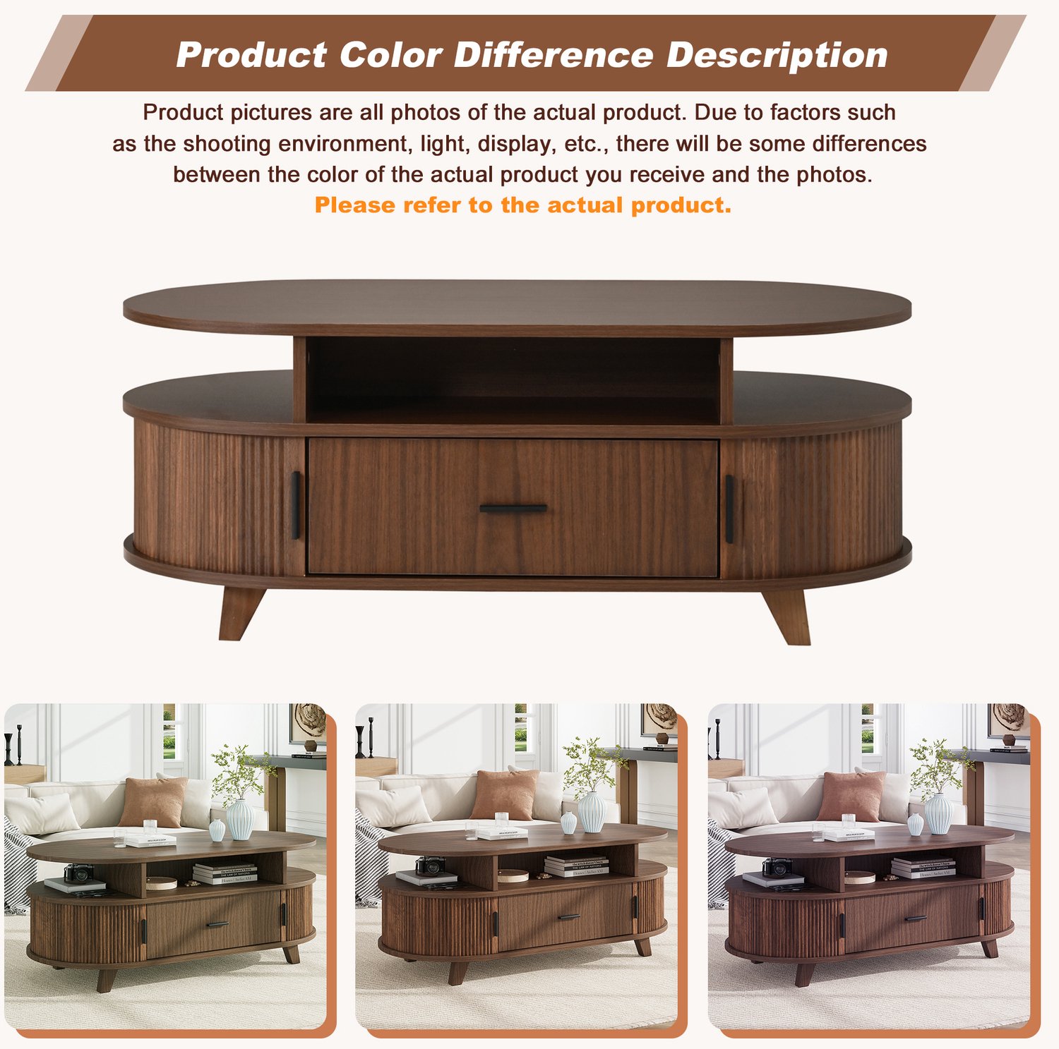 COVREO Salontafel met lade en roldeuren – 100x50x40 cm – Ovale zeteltafel met opbergvak – Woonmeubel voor woonkamer – Walnootkleur