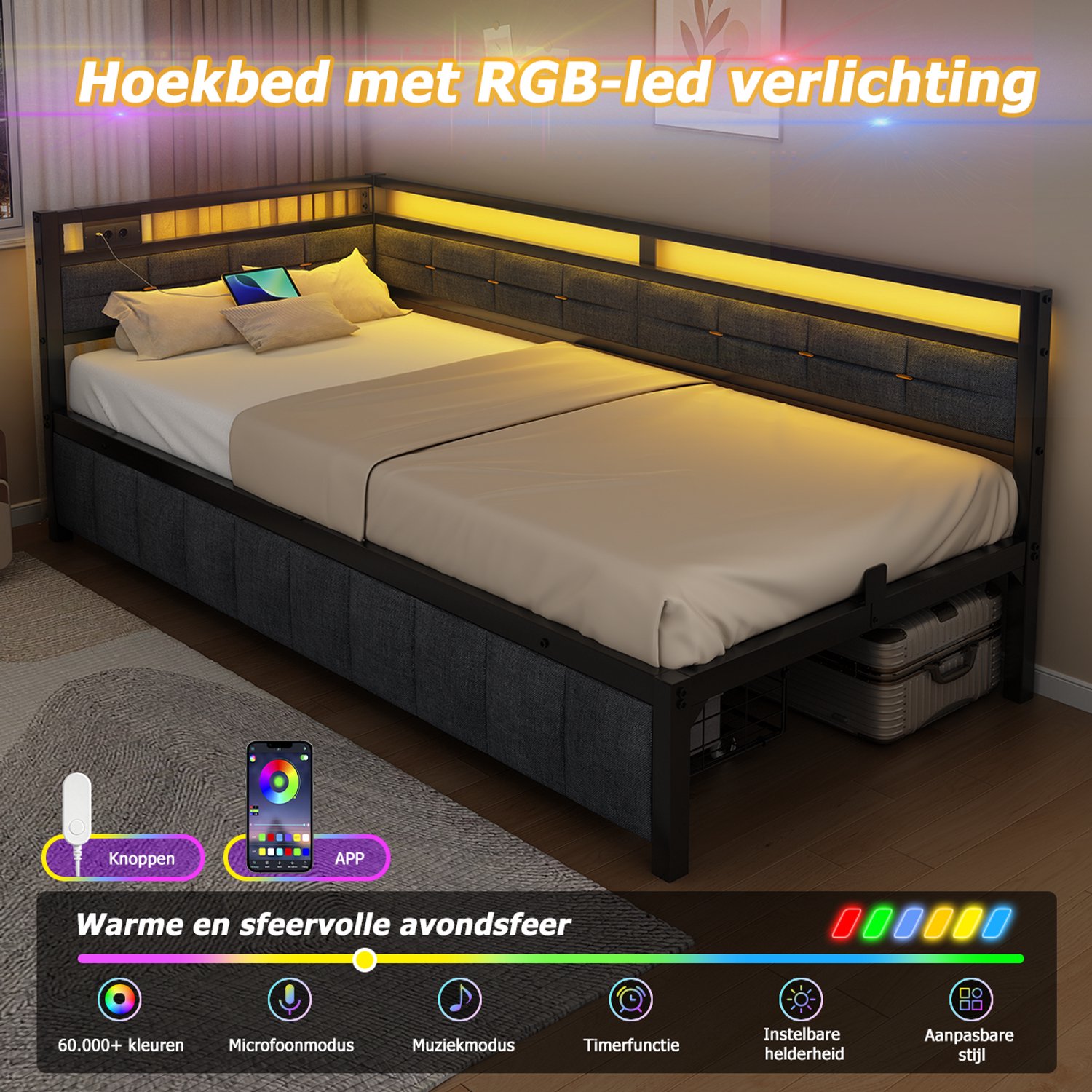 Eenpersoonsbedden Eenpersoonsbedden Hoekbed 90x200 Opbergbed - afbeelding 5