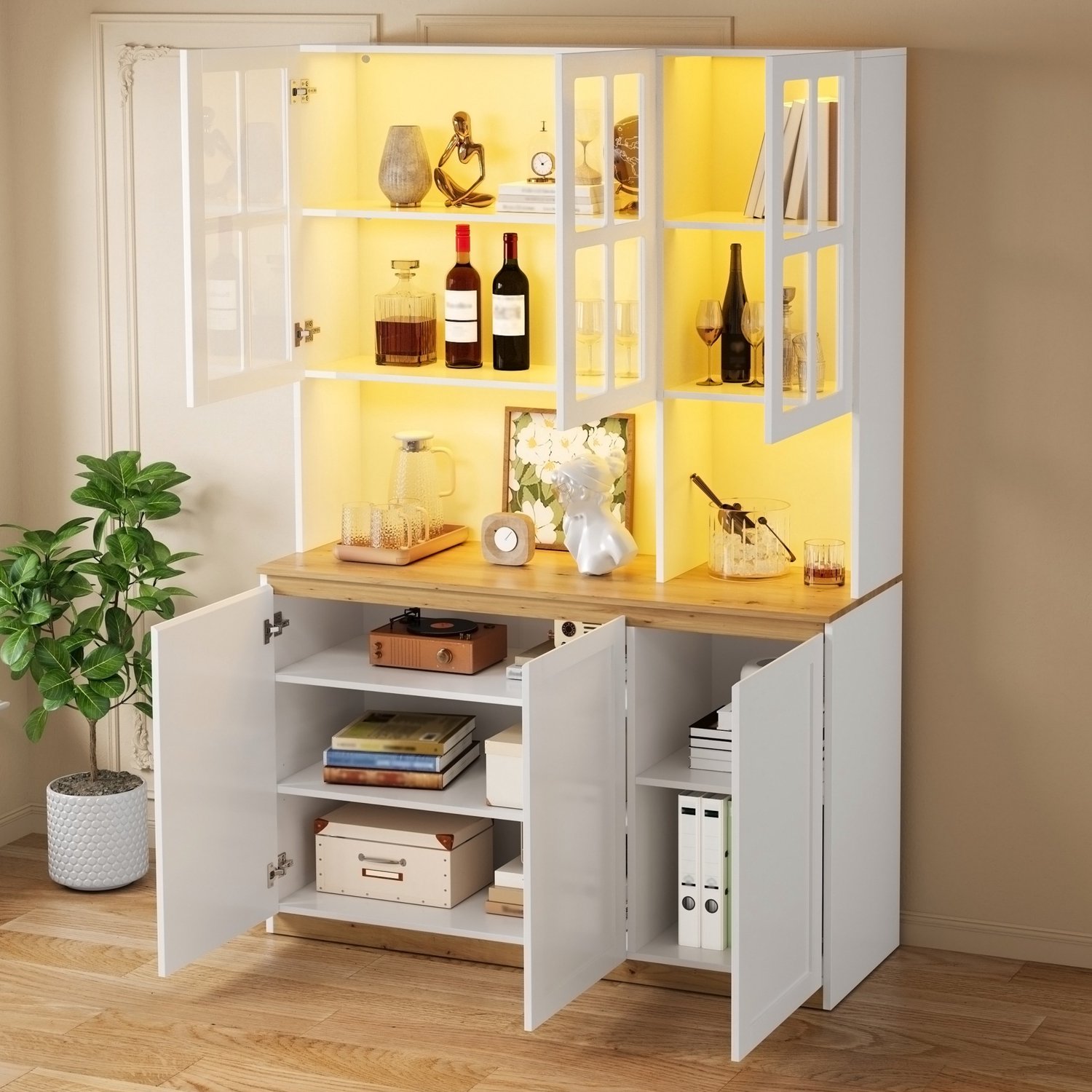 MIVRAY Vitrinekast - Ledverlichting Met Glazen Deuren - Voor Woonkamer Keuken En Eetkamer - MDF En Glas - 120x38x200 Cm - Wit Eiken Wit met houtlook