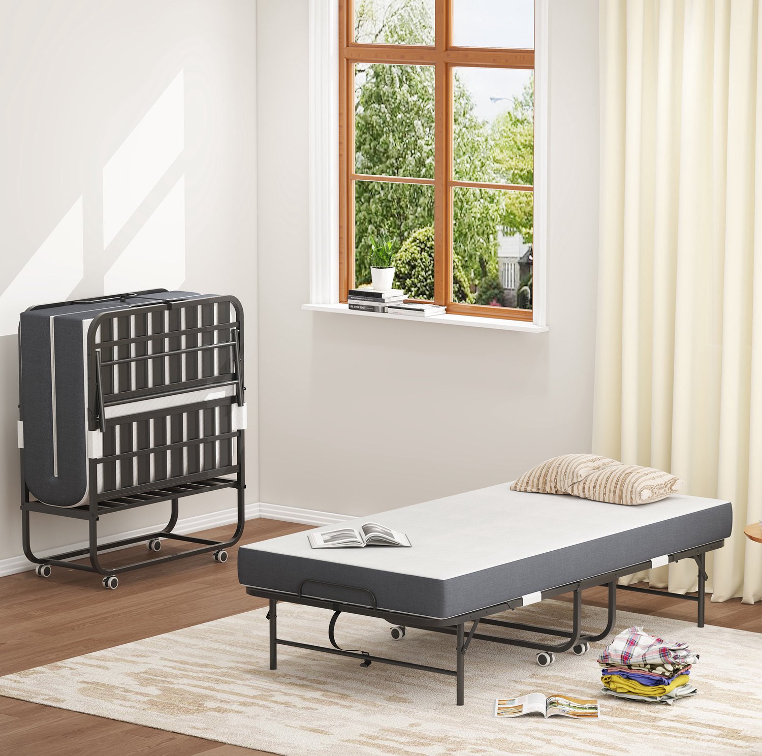 WUVRIE Opklapbed 190x96 cm - Met traagschuimmatras en 4 vergrendelbare wielen - Zwart