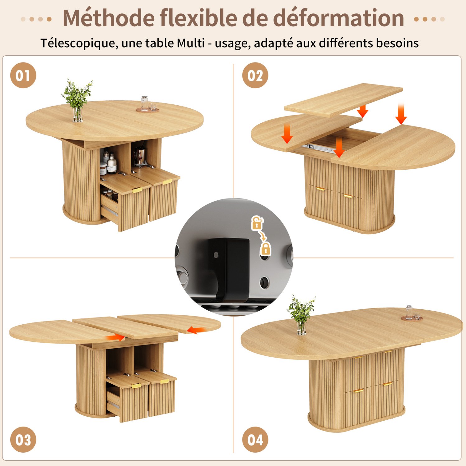 MIVRAY Uitschuifbare Eettafel - Ovale Tafel Met Opbergruimte En 2 Lades - Voor 4 Tot 6 Personen - MDF En Metaal - 118/158x118x76,8 Cm - Houtkleur