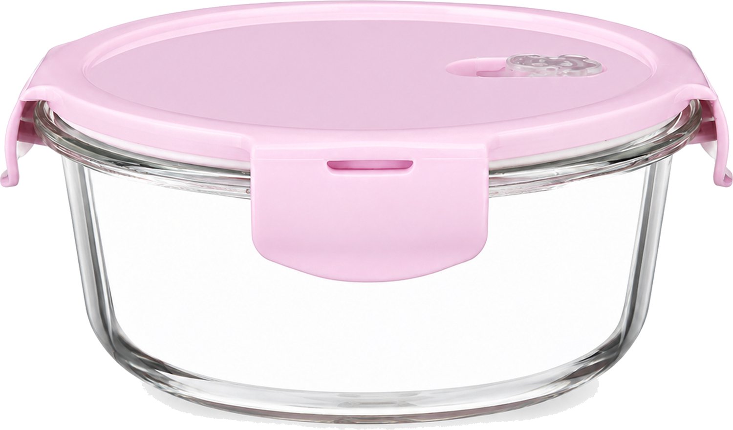 Broodtrommel van borosilicaatglas, rond, 620 ml, met roze deksel en verschuifbare ventilatieopening