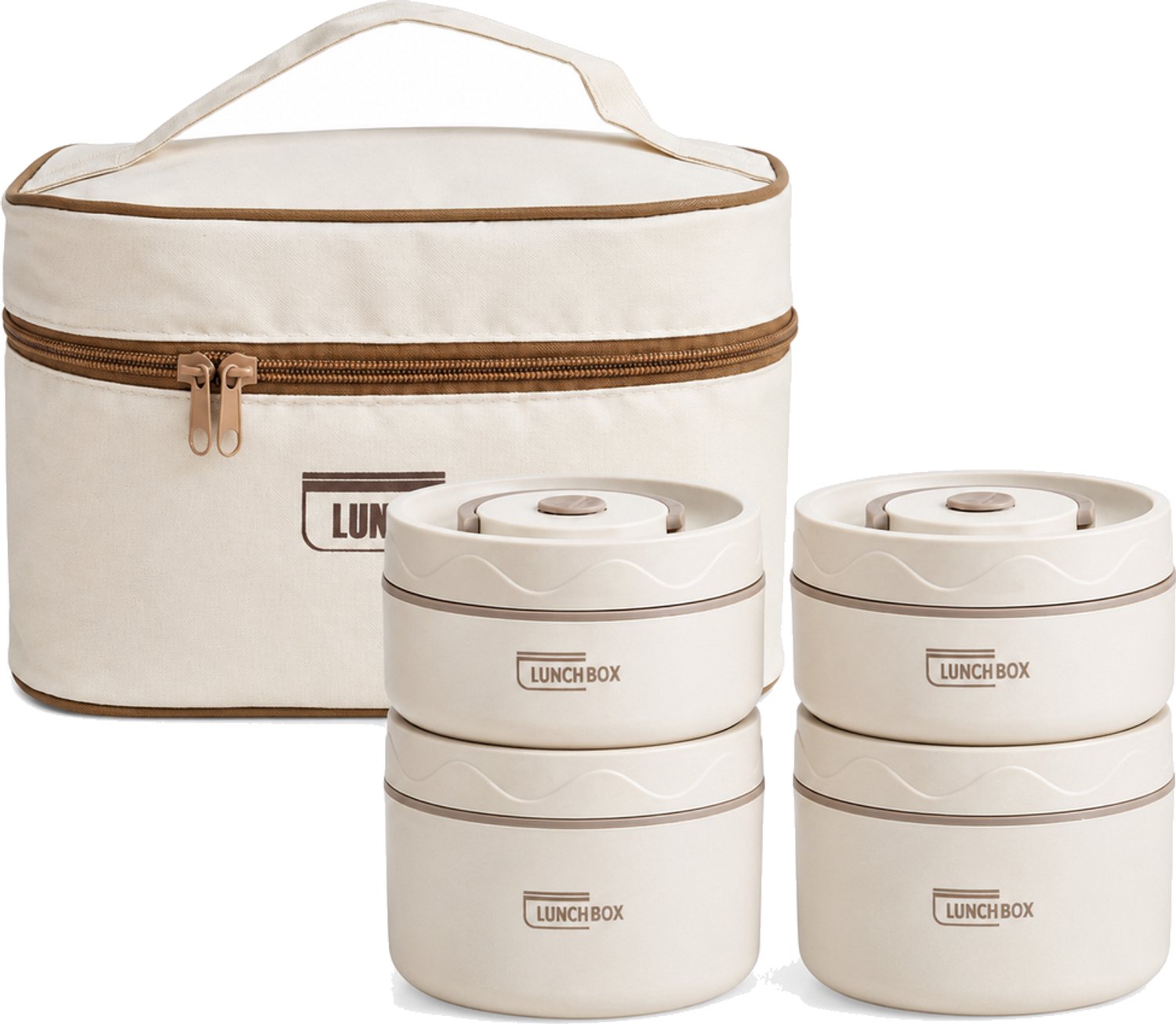 Broodtrommelset met 4 ronde lunchboxen van 304 roestvrij staal, 2 × 440 ml en 2 × 600 ml, met geïsoleerde draagtas, beige