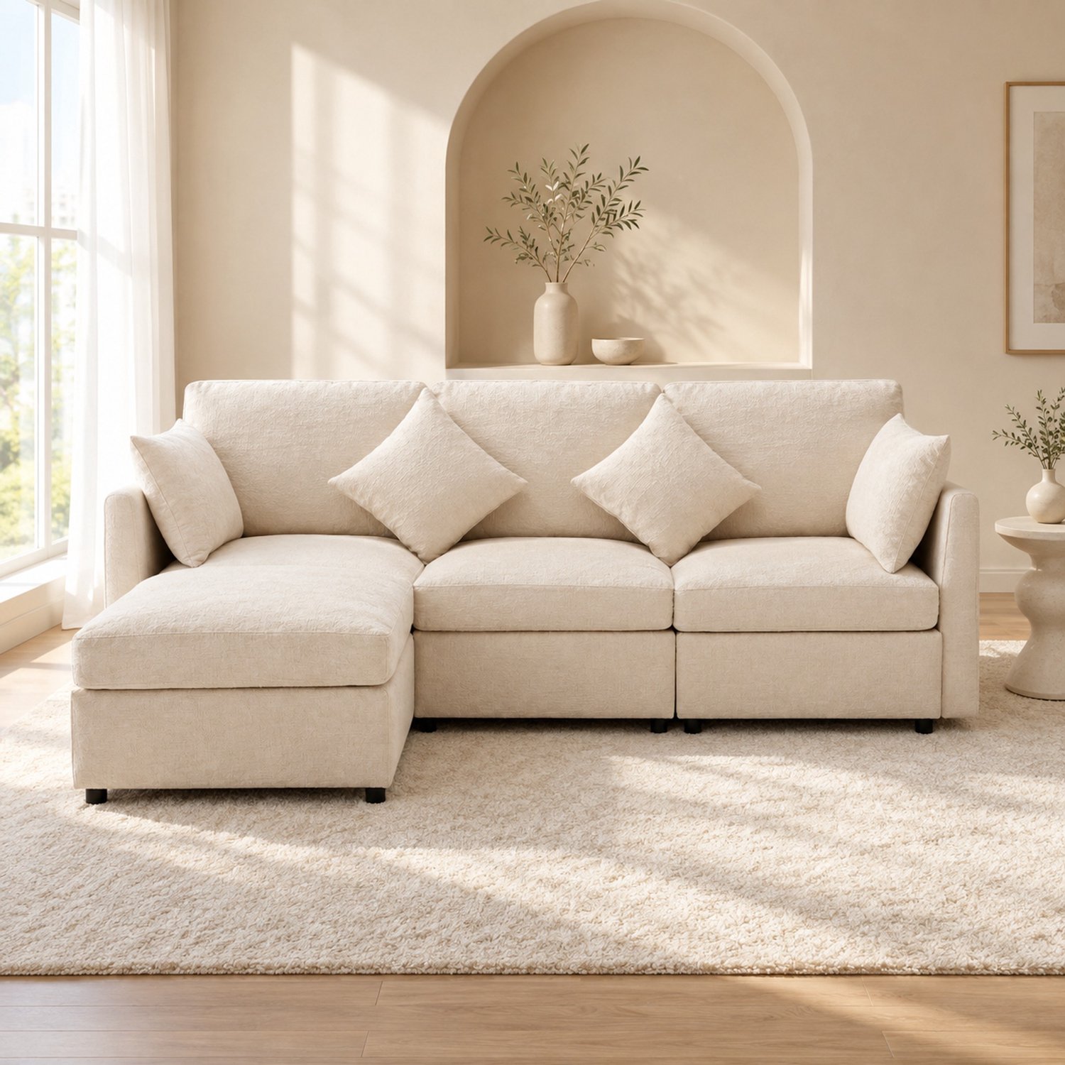 WUVRIE Modulaire hoekbank 216x161 cm - Verplaatsbare hocker en 4 kussens - Beige
