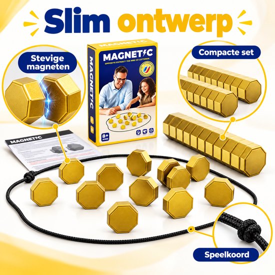 Detailweergave van de onderdelen: goudkleurige magneten, speelkoord en compacte opbergstapels.