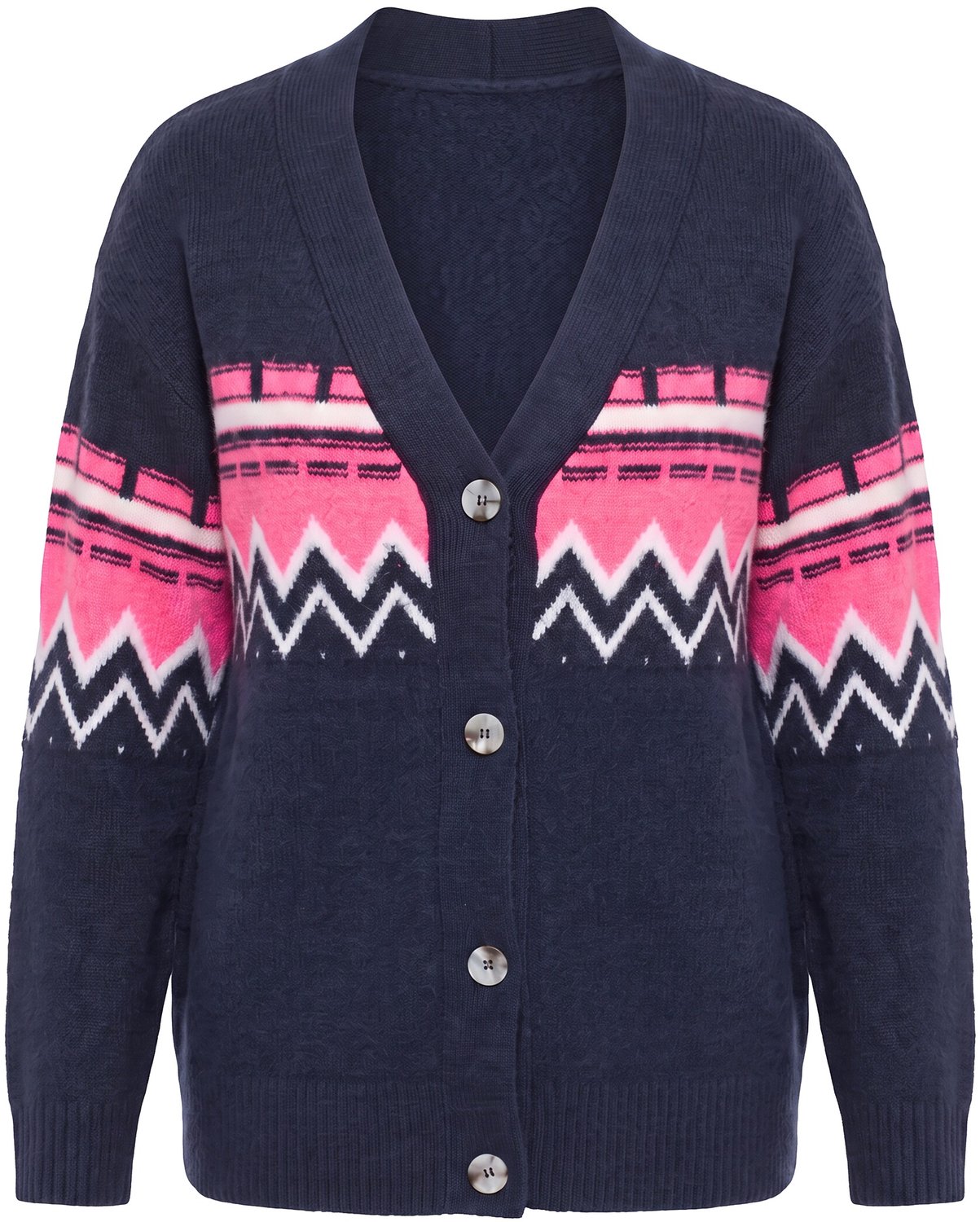 Ulla Popken - Dames - Vest Noors patroon V-hals lange mouwen - Hyperroze - Maat 62+