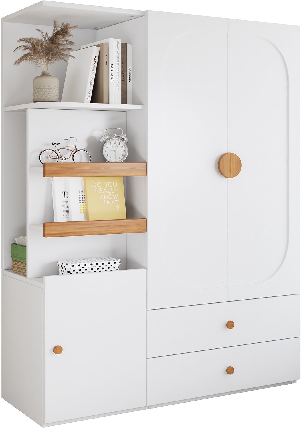 Kledingkast Met Kledingroede - 125 x 50 x 180 cm - Twee Lades En Open Zijvakken - Wit En Naturel MDF - Voor Slaapkamer En Tienerkamer