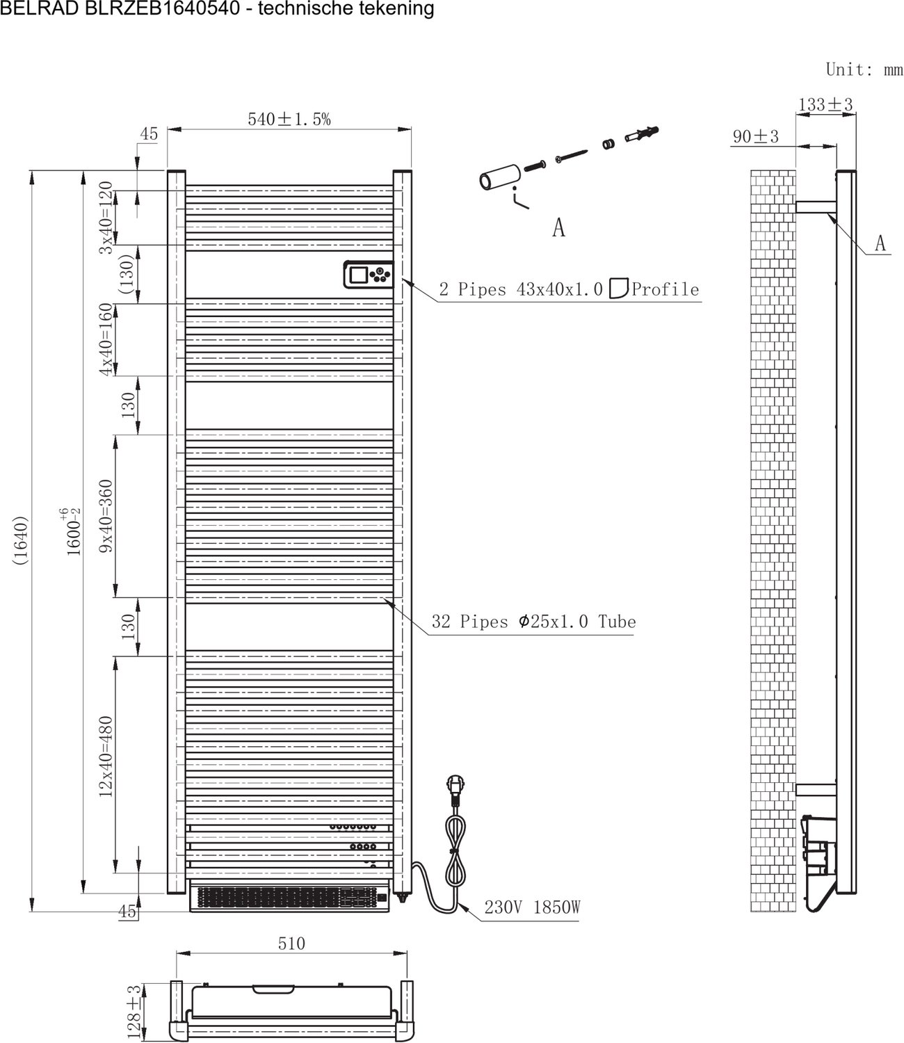 BELRAD elektrische radiator 1640x540x133 mm - Mat zwart - Programmeerbare thermostaat + Smart wifi + Blower - 1850W