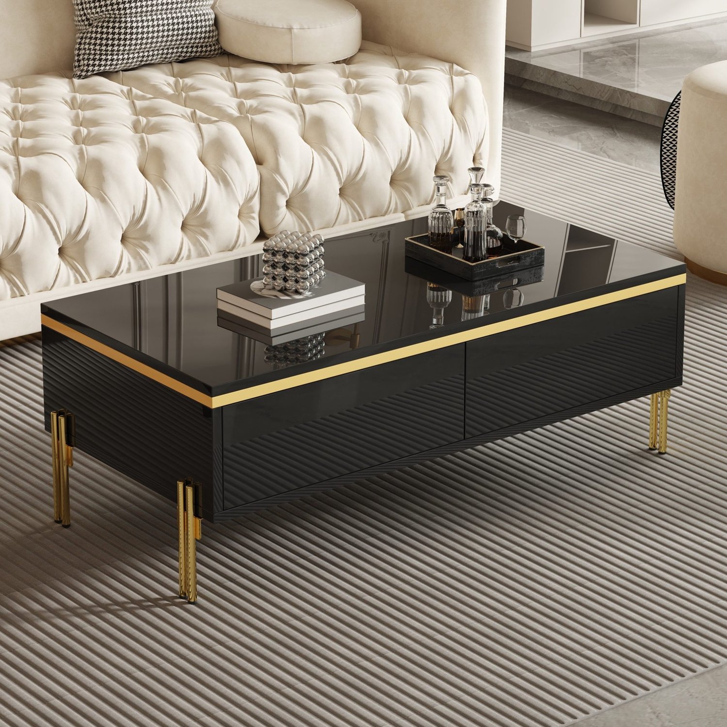 Maisentiel Salontafel 100 x 50 x 36 cm – hoogglans spaanplaat met lades – zwart
