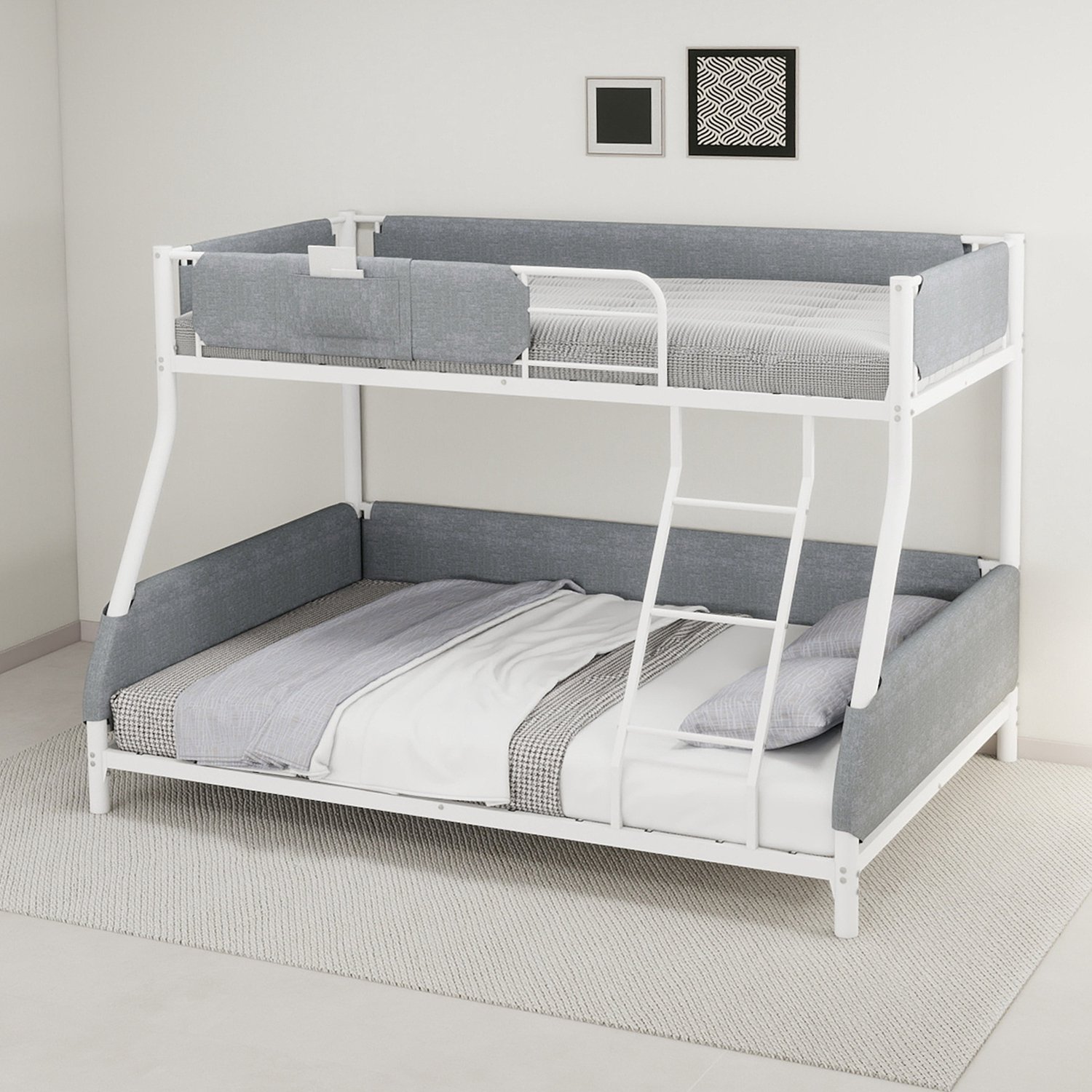 Zubaliya Metalen stapelbed - 90 x 190 / 140 x 190 cm - Gebroken wit - Twee matrasmaten en opbergzak