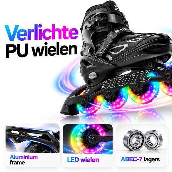 Zwarte inlineskates met verlichte PU-wielen, aluminium frame en ABEC-7 lagers.