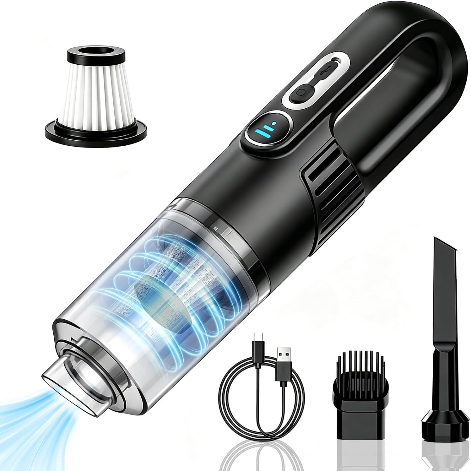 Bobypet Auto Stofzuiger – Handstofzuiger en luchtblazer –Kruimeldief - Krachtige zuigkracht van 25.000 Pa met HEPA-filter en opzetstukken – Lichtgewicht autostofzuiger voor huisdierhaar en tapijt - Zwart