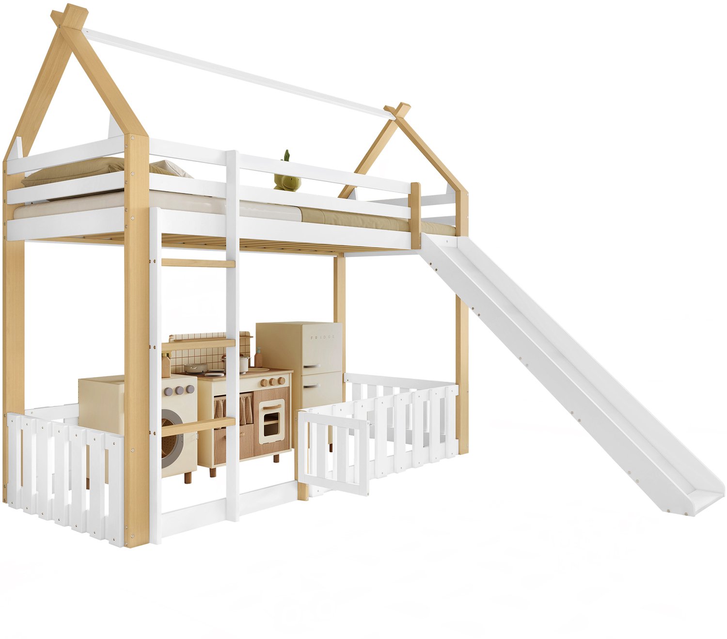 Kinderbed 90x200 cm - Met Glijbaan En Dakvorm - Speelruimte Met Hekwerk Onder Het Bed - Grenenhout En MDF Met Lattenbodem - Wit En Naturel