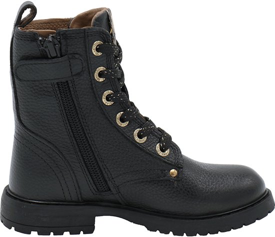 Binnenzijde van zwarte bikerboot met ritsluiting, veters en een robuuste profielzool.