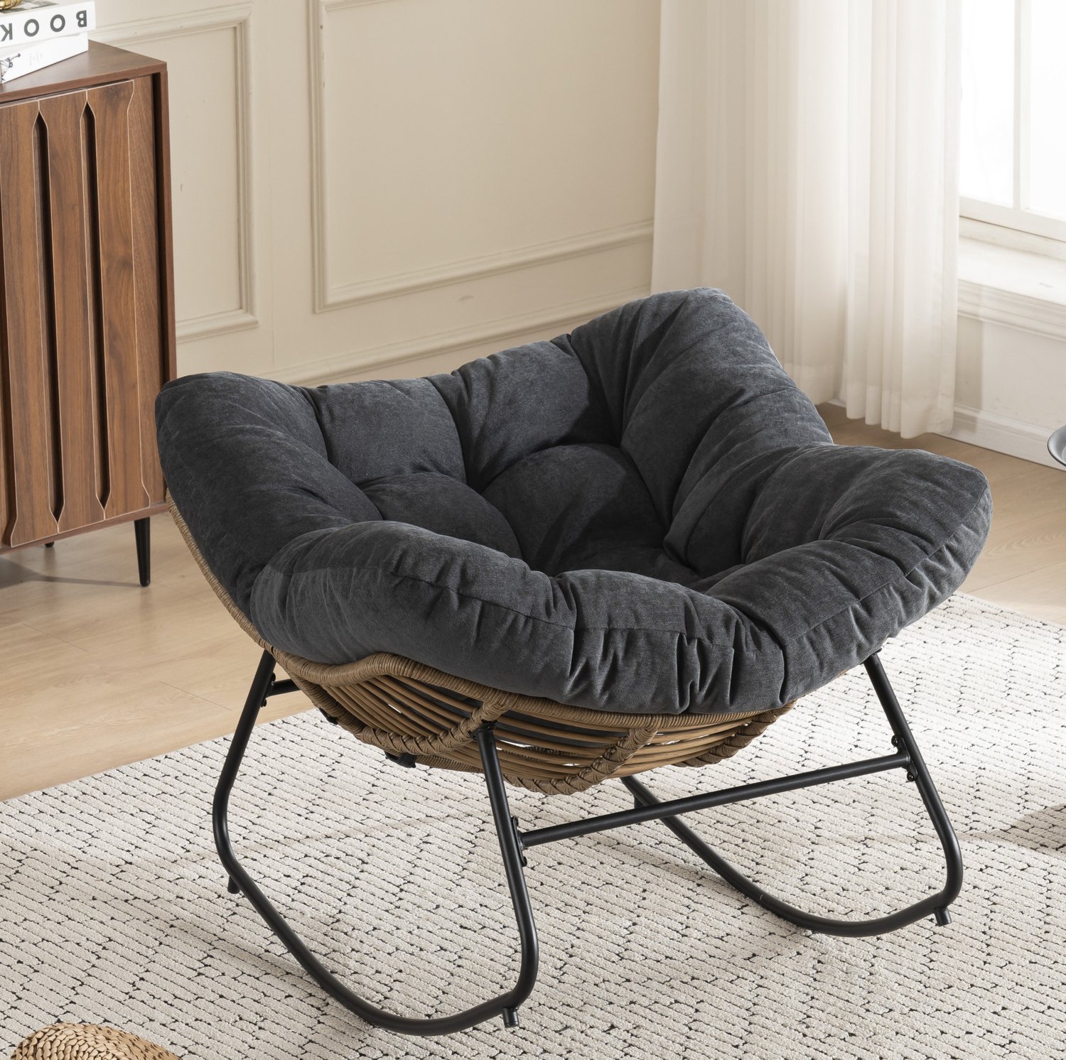 WUVRIE Schommelstoel met chenille bekleding - Metalen frame en armleuningen - Zwart