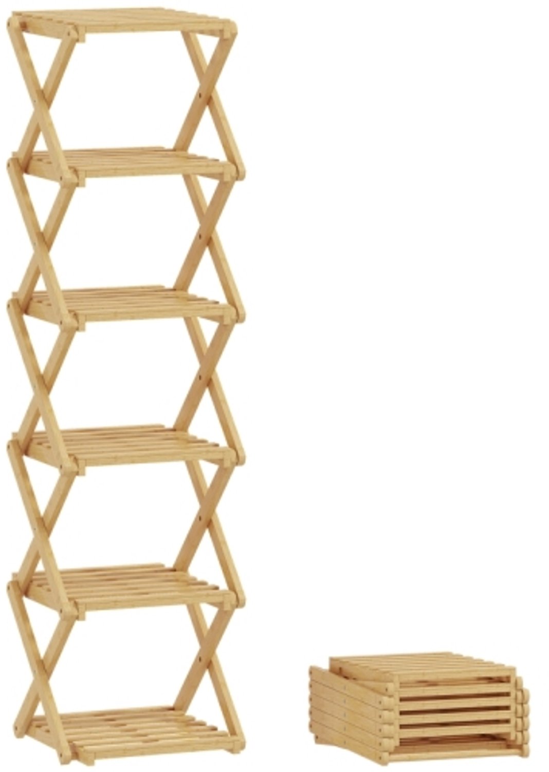 Opvouwbaar bamboe schoenenrek met 6 niveaus, klapschoenenstandaard voor 9 paar, 30 × 29 × 108 cm, geen montage nodig