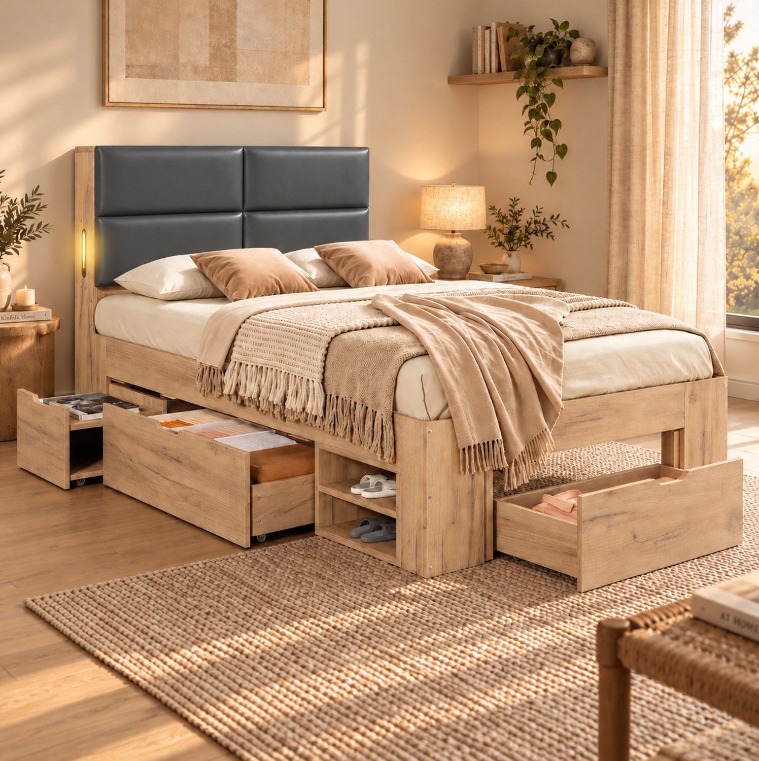 MODENUIT Eenpersoonsbed – 90 x 200 cm – Met Opberglades En Nachtlampje – MDF En PU – Naturel – Met USB En USB-C