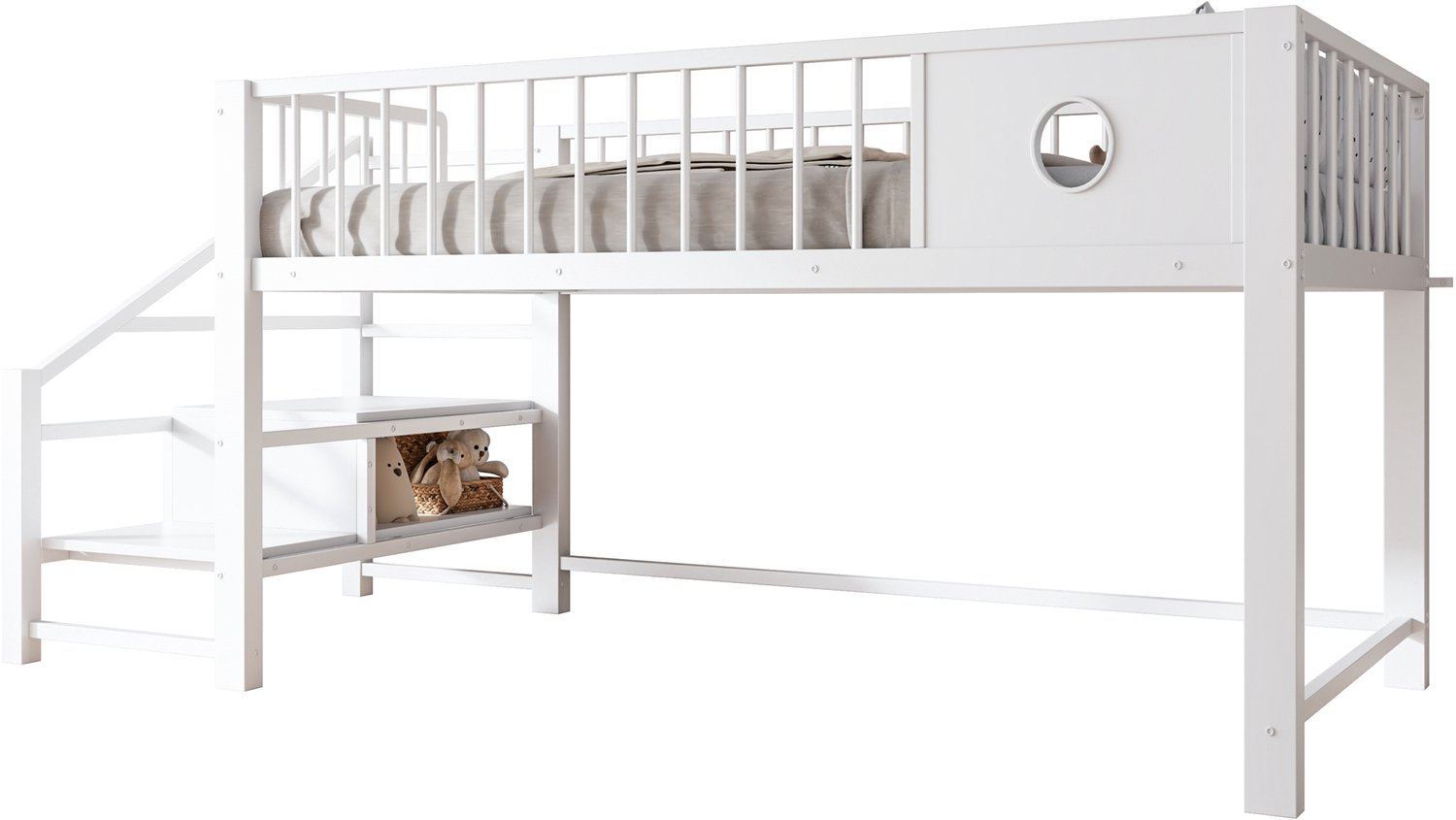 Witte Halfhoogslaper 90 x 200 cm - Met Opbergladder En Opbergruimte Onder Het Bed - Metalen Frame En MDF - Voor Kleine Kinderkamers