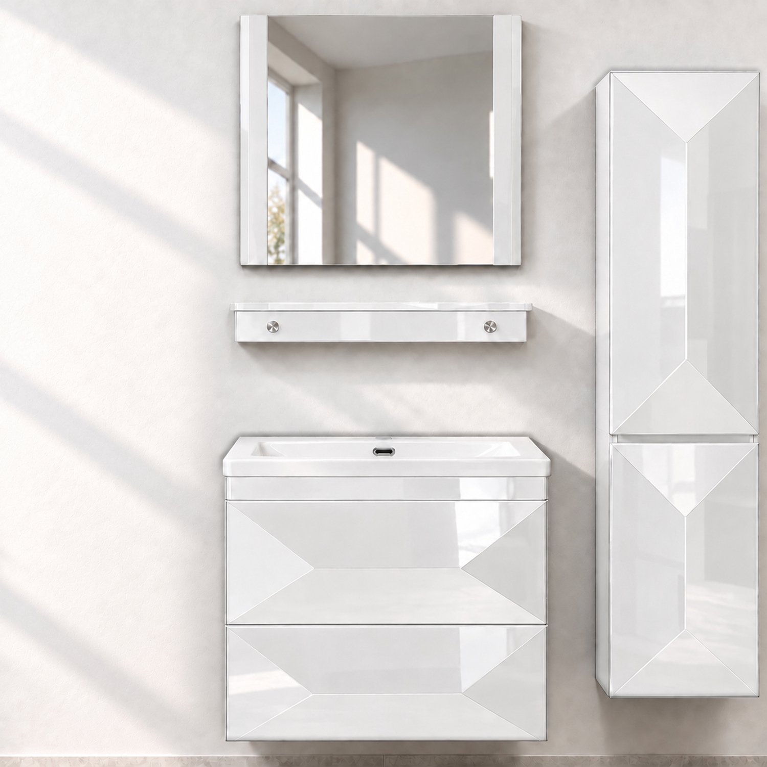 Faizee Home Miran Badkamermeubelset 60 cm Wit Hoogglans met keramische wastafel, spiegel en Soft-Close