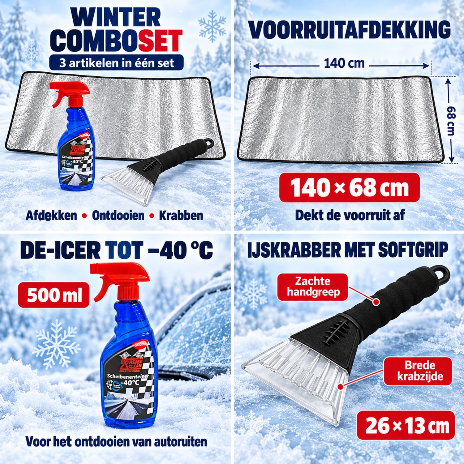 Extreme Clean Winterset - IJskrabber, ruitontdooier tot -40 graden en Voorruit afdekking voor de auto