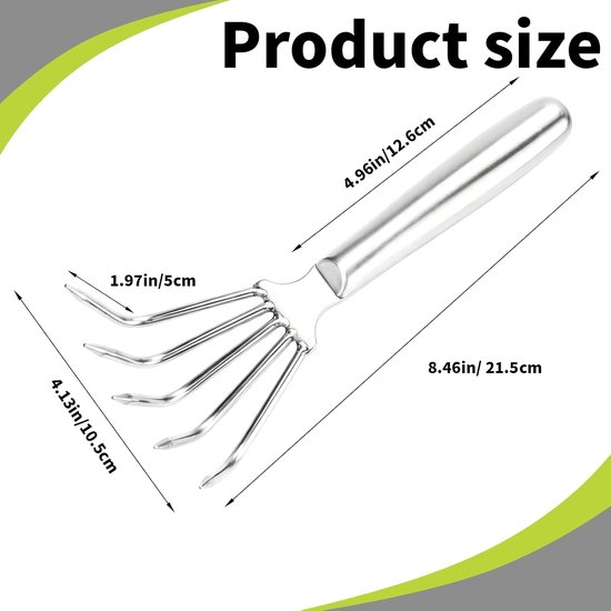 Handharkje - Handcultivator - Tuinkrabber - Volledig Metaal & 5 Tanden - Roestbestendig - Voor Moestuin, Bloembedden, Grond Losmaken & Onkruid Wieden - 21.5x10.5 cm - Zilver — afbeelding 5