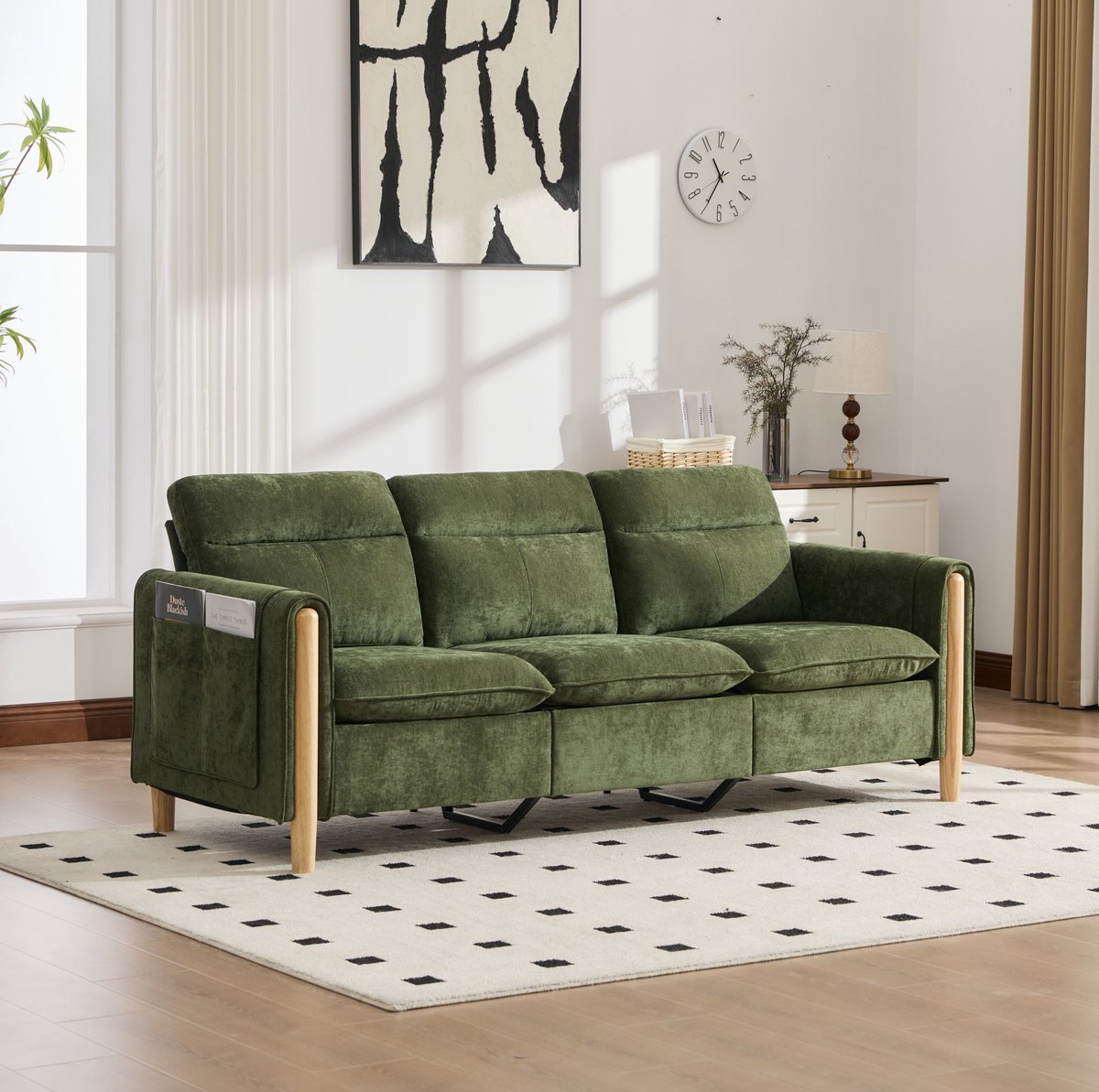 REDOM Hoekbank - 3 zitplaatsen - Omkeerbare chaise longue - Opberghocker en zijvakken - Scandinavische stijl - Chenille - Groen - 201 x 77 x 86 cm