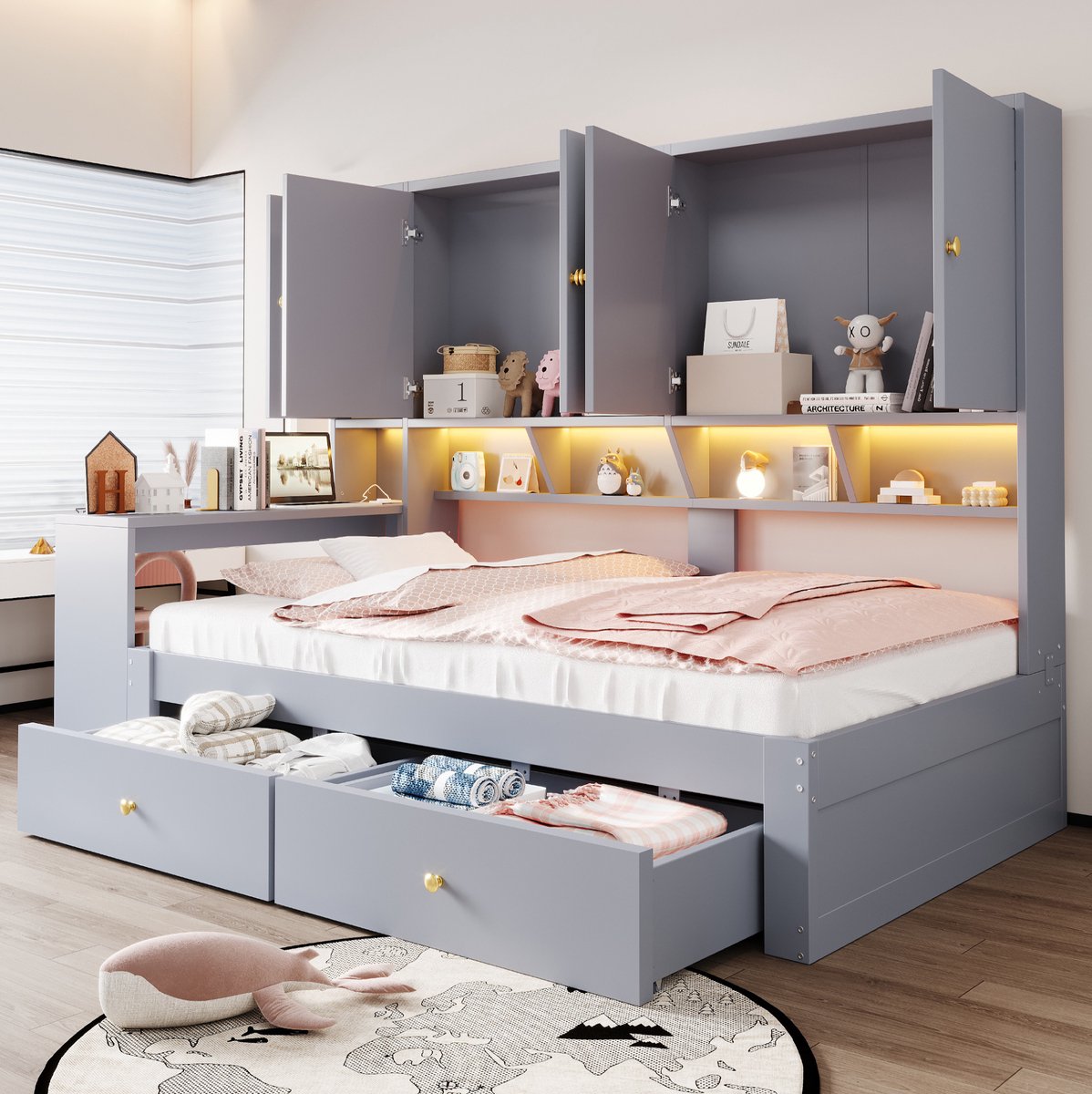 REDOM Multifunctioneel bed - Geïntegreerd bureau en stopcontact - Opbergkasten open vakken en twee lades - LED-verlichting - MDF - Grijs - 90 x 200 cm