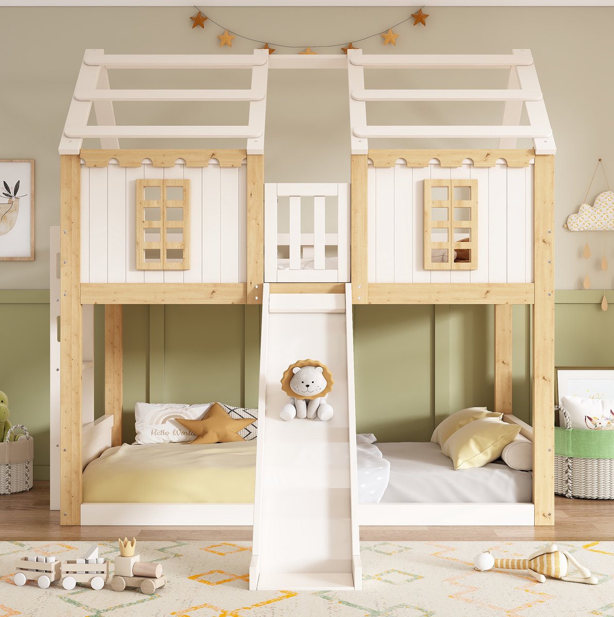REDOM Stapelbed - Twee ligplaatsen - Huisvorm met raam en dak - Glijbaan en links of rechts monteerbare ladder - Hout en MDF - Wit en houtkleur - 213 x 203 x 200 cm