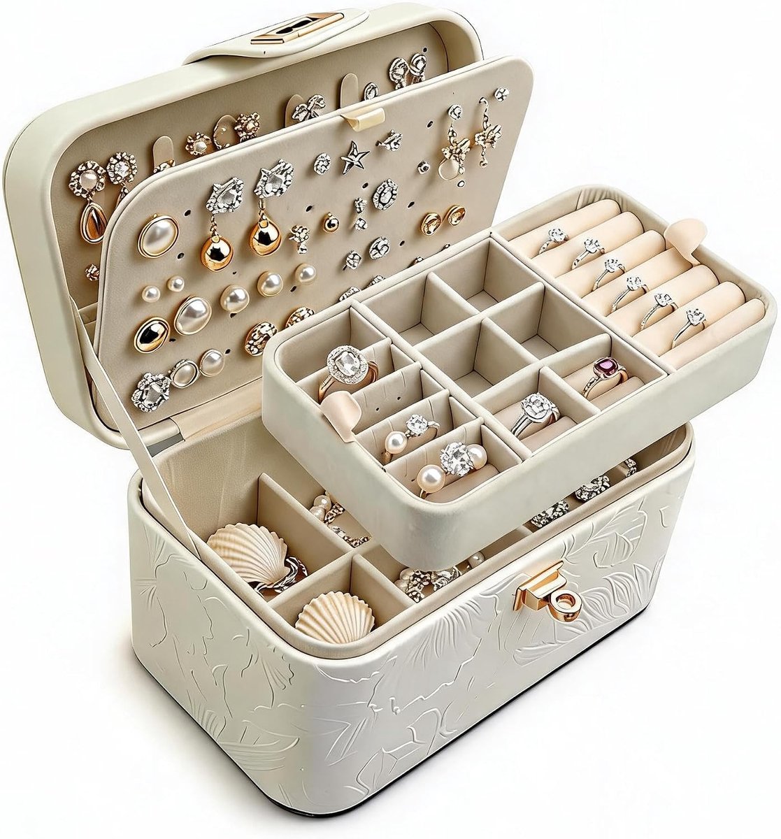 Sieradendoos - Juwelendoos - Sieradenbox Met slot - Sieraden - Bijouteriedoos Opbergbox - Grote capaciteit - Sieradenopbergers - Dubbellaags ontwerp - Draagbaar - Voor kettingen / armbanden / Oorbellen - 18.5×11×10 cm - Wit
