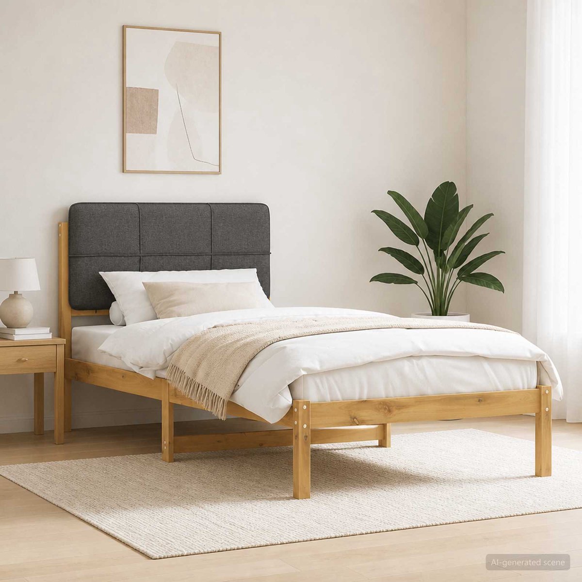 vidaXL Bedframe - met - gestoffeerd - hoofdbord - Whitewash - en - lichtgrijs Whitewash en lichtgrijs