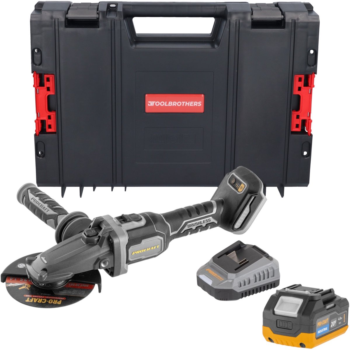 Procraft Industrial AG125Cbb accu-haakse slijper met platte kop 20 V 125 mm borstelloos Solo - zonder accu, zonder oplader