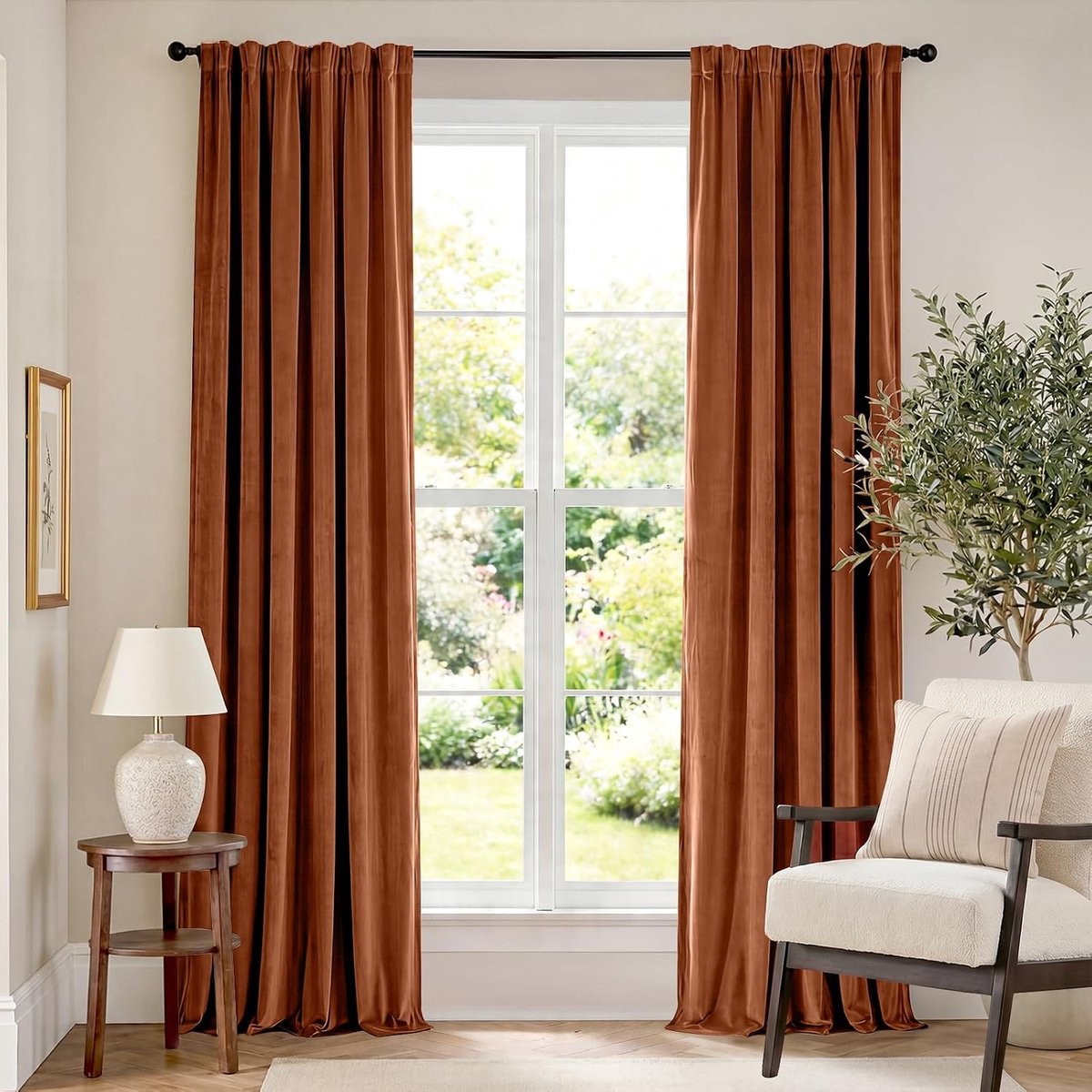Burnt Orange Velvet Curtains Thermal Insulated 96 Inch Room Darkening Window Drapes Super Soft Luxury Curtains for Living Room Bedroom Rod Pocket, 2 Panels
