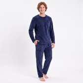 GAUBERT® Heren Fleece Pyjama Lange Mouw Lange Broek met Zakken en trekkoord - Super Zacht en Warm - Perfect als cadeau - Effen Donkerblauw - Maat XXL - 2701-Blue-XXL