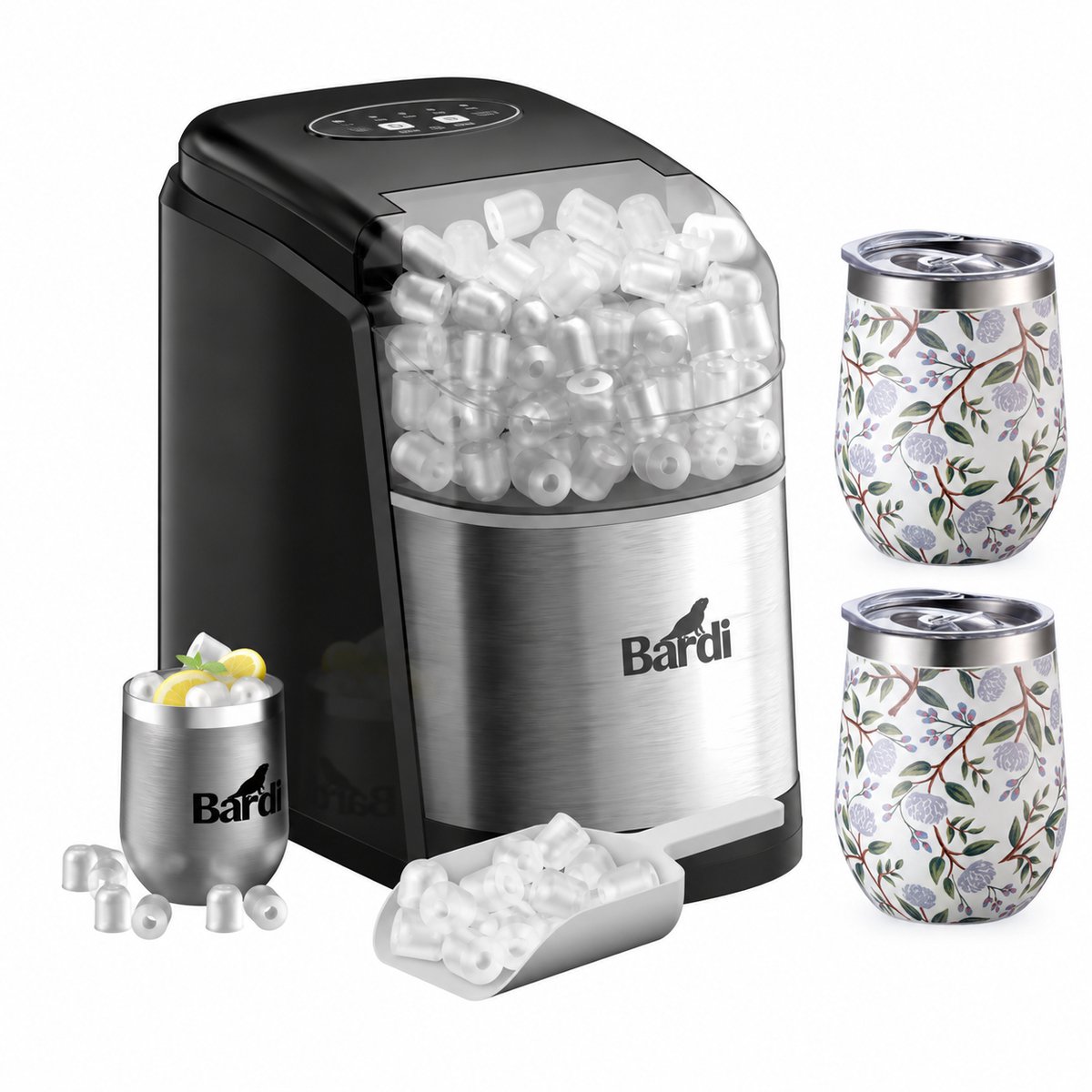 Bardi IJsblokjesmachine Set - 1.6L RVS - Zelfreinigingsfunctie - IJsblokmaker met IJsschep -met IJsschep - Inclusief 3 Luxe Thermosbekers en Ijsschep- White Flower